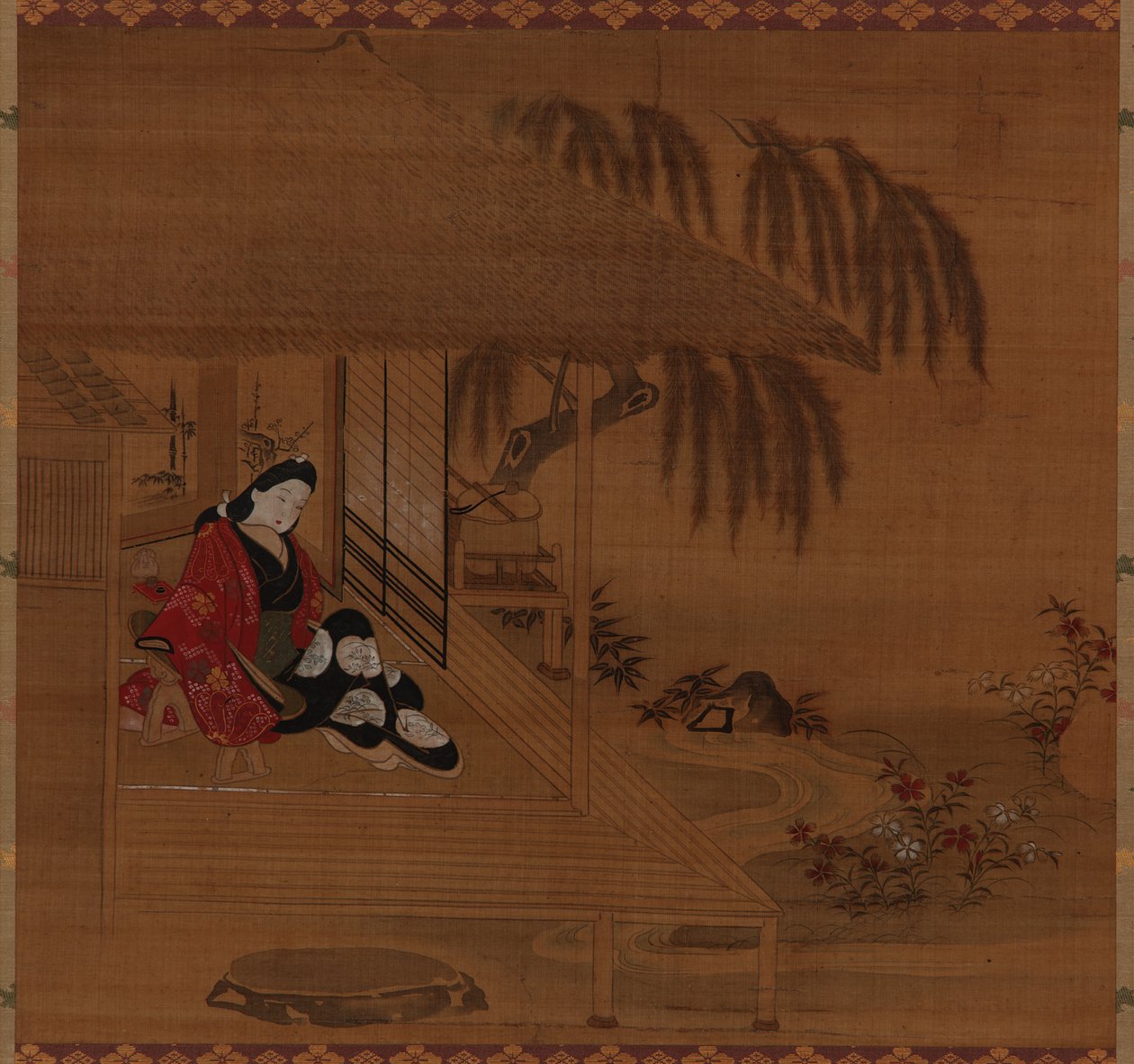 Jardin, intérieur et fille assise, période Edo - Furuyama Moroshige