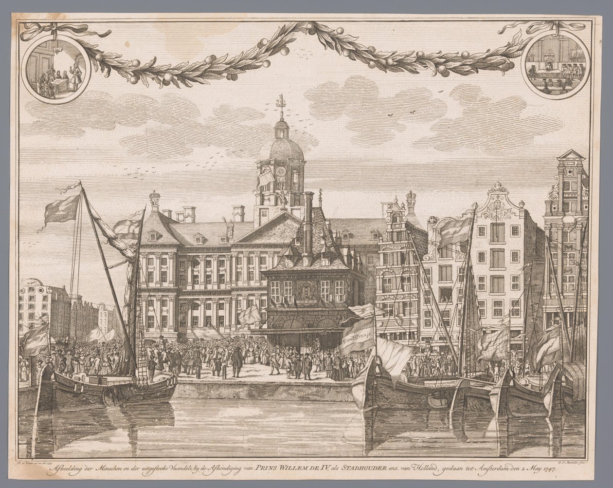 Menigte op de Dam in Amsterdam viert de afkondiging van Willem IV als stadhouder - G.J. Marstaller
