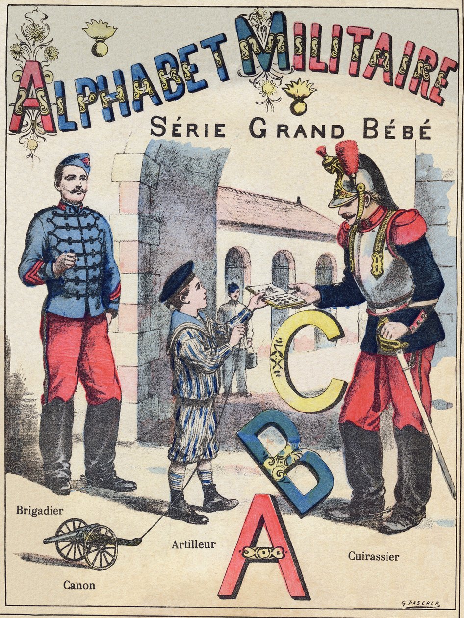 Couverture de "Alphabet militaire", série Grand-Bébé. Gravure. Imagerie de Pont-à-Mousson. Louis Vagne, Imprimeur-Éditeur, vers 1900. Illustrations de G. Dascher. 20 pages. Dim : 31,5x24,5cm - G. Dascher