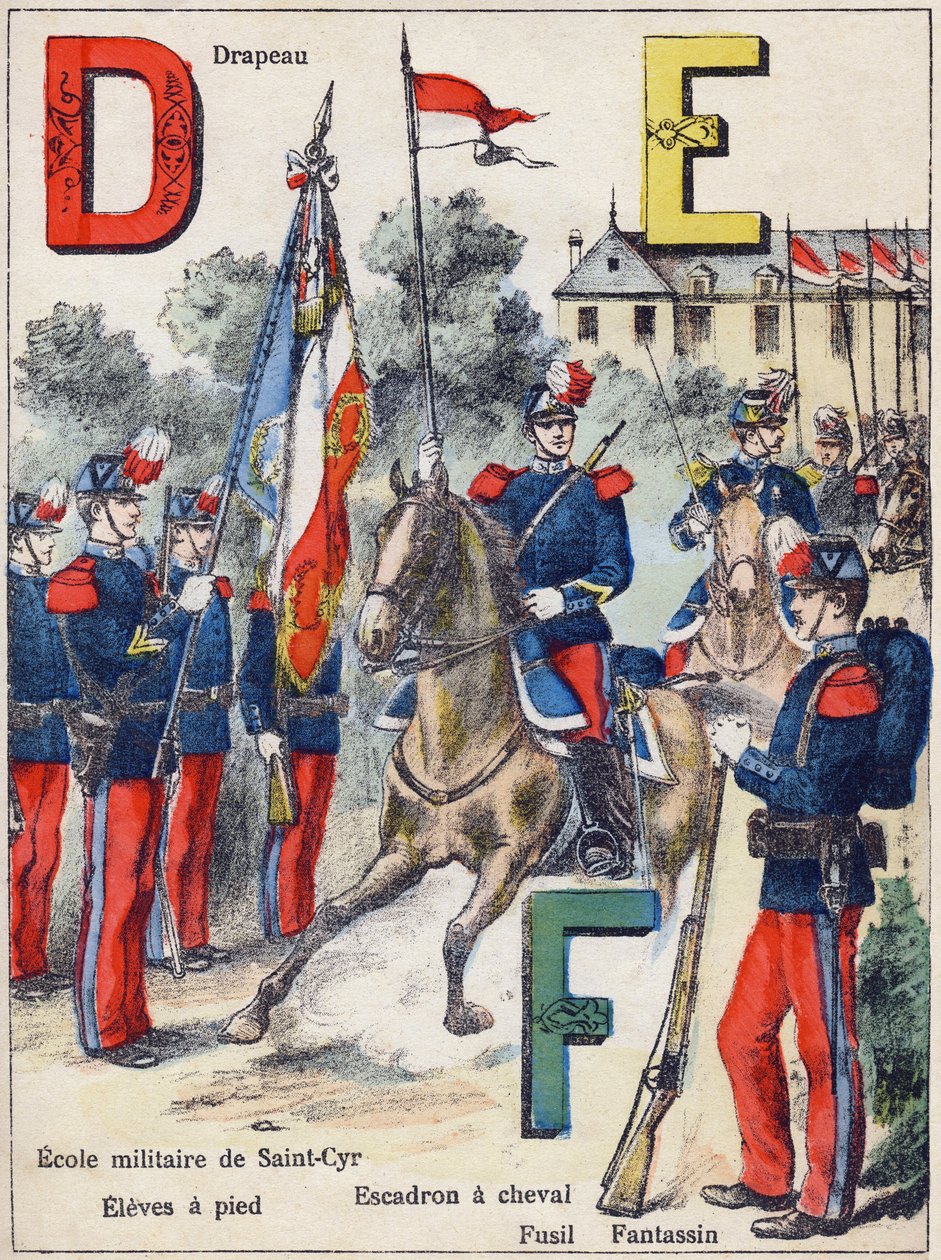 Lettres D E F : Drapeau, École militaire de Saint-Cyr (Saint Cyr), Élèves à pied, Escadron à cheval, Fusil et Fantassin, vers 1900 - G. Dascher