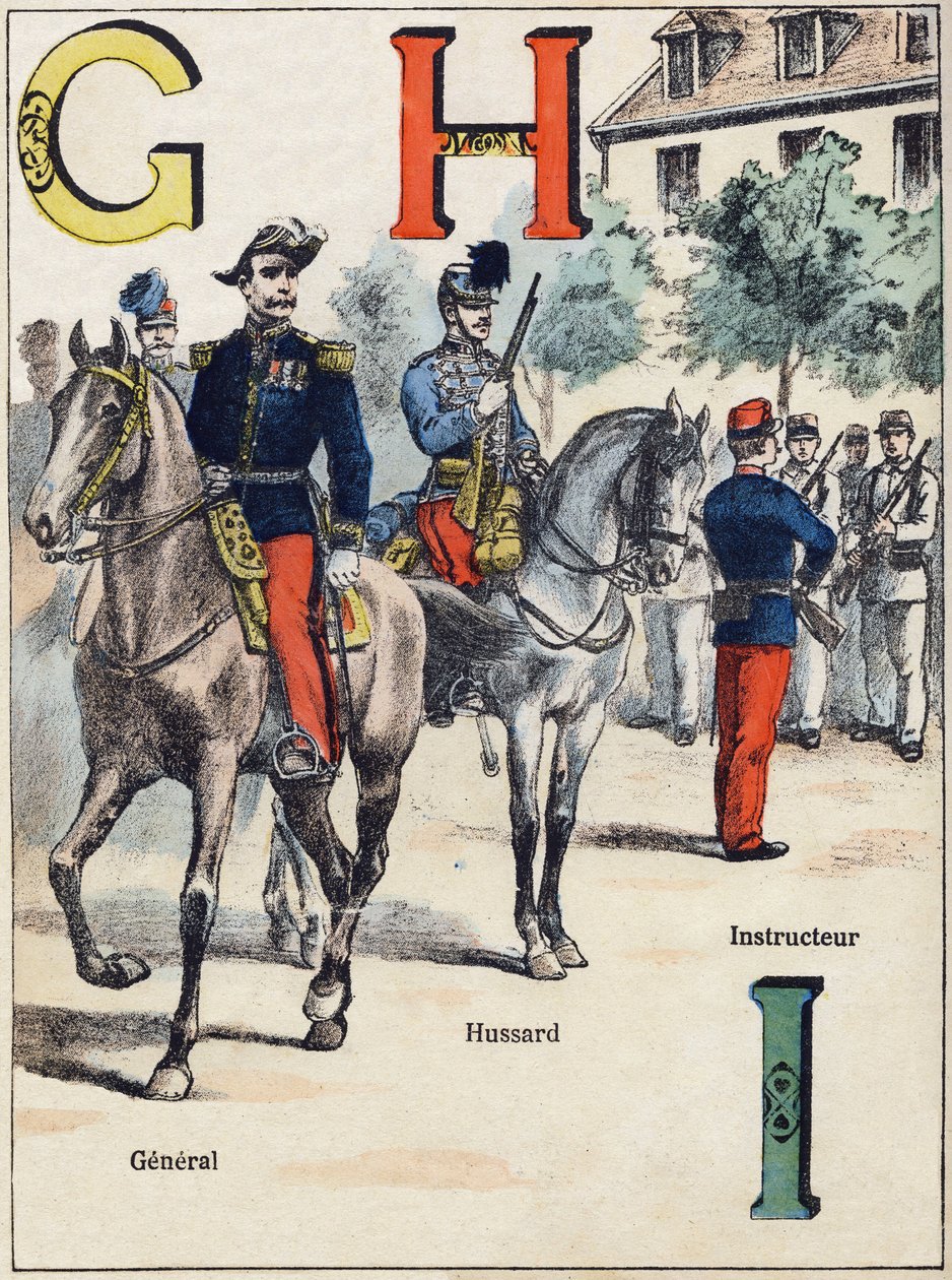 Lettres G H I : Général, Hussard et Instructeur. Gravure dans « Alphabet militaire », série Grand-Bébé. Gravure. Imagerie de Pont-à-Mousson. Louis Vagne, Imprimeur-Éditeur, vers 1900. Illustrations par G. Dascher - G. Dascher