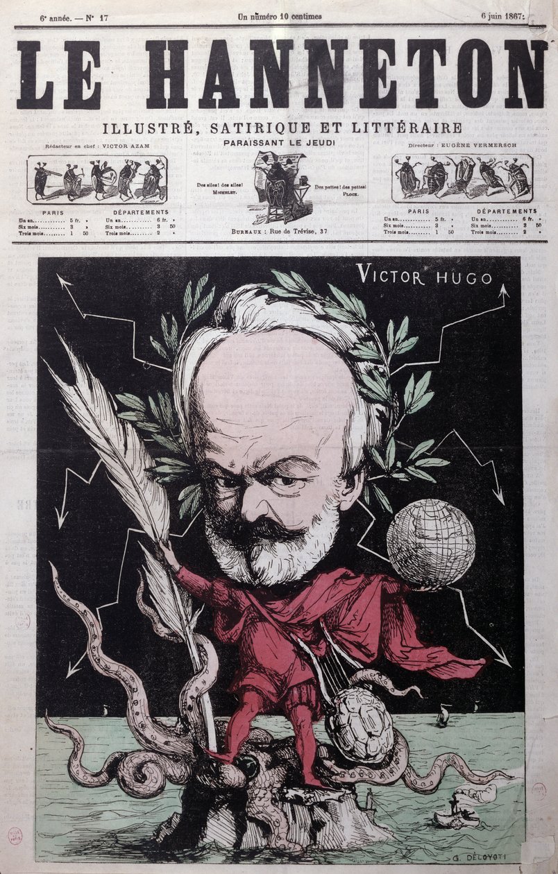 Caricature de Victor Hugo (1802-85) en Zeus en exil à Guernesey, couverture de Le Hanneton, juin 1867 - G. Deloyoti