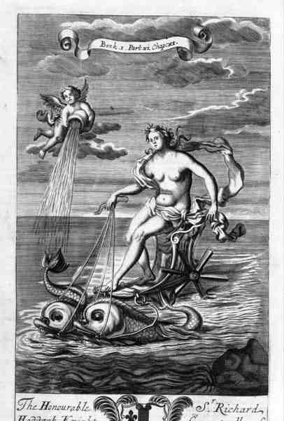 Vénus chevauchant son char tiré par des dauphins, illustration du Livre 1 Partie 6 Chapitre 11 de 