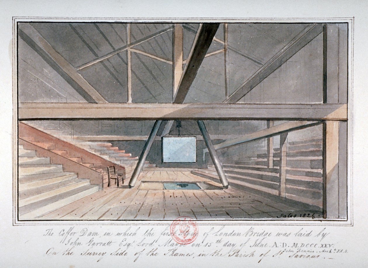 Vue de la fondation du pont de Londres, 1825 - G Yates