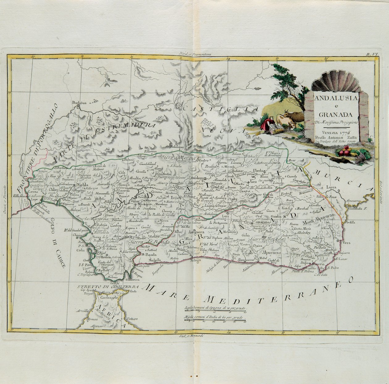 Andalousie et Grenade, gravure par G. Zuliani tirée du Tome I du Nouvel Atlas publié à Venise en 1776 par Antonio Zatta, Collection Privée - G. Zuliani