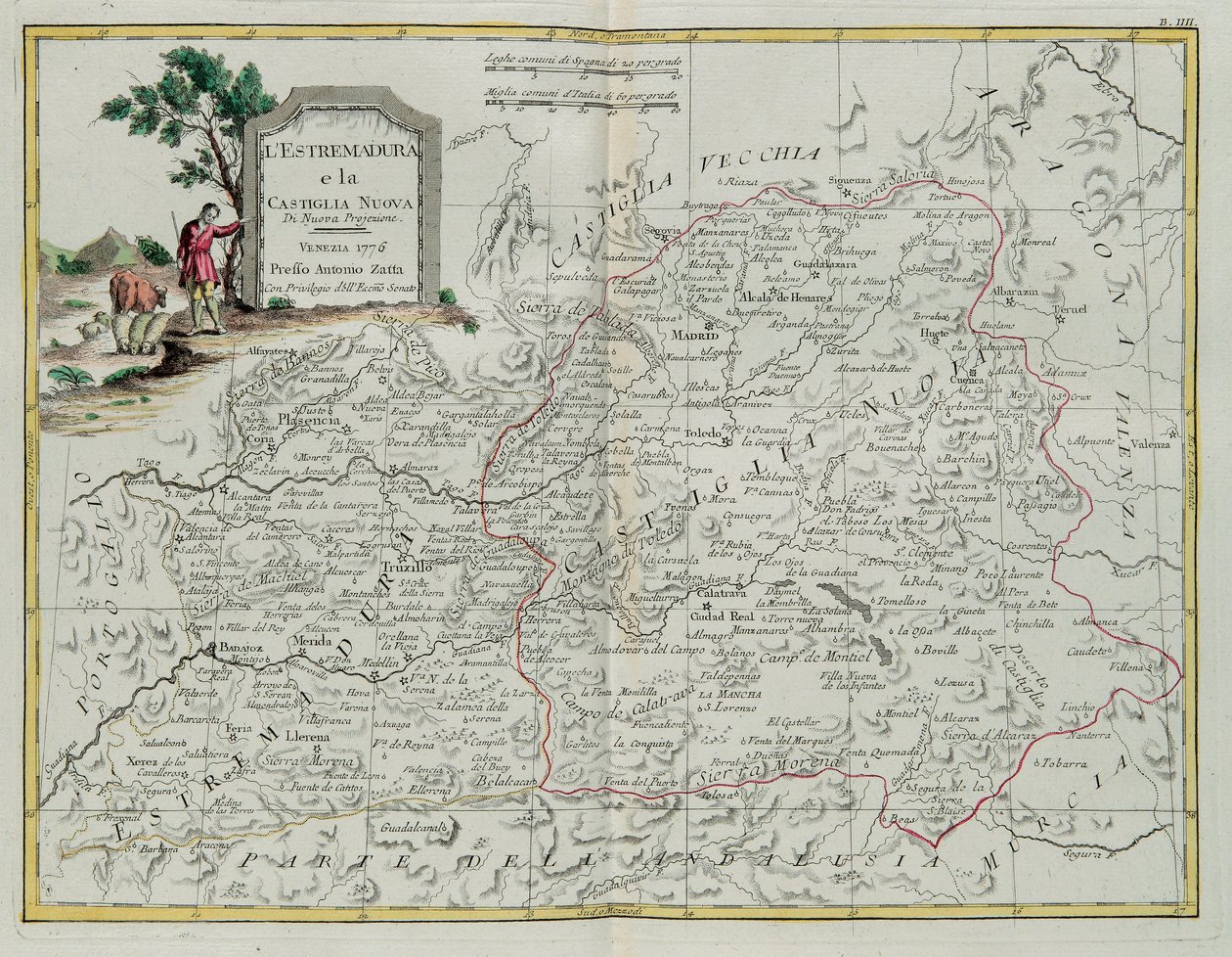 Estrémadure et Castilla la Nueva, gravure par G. Zuliani tirée du Tome I du Nouvel Atlas publié à Venise en 1776 par Antonio Zatta, Collection Privée - G. Zuliani