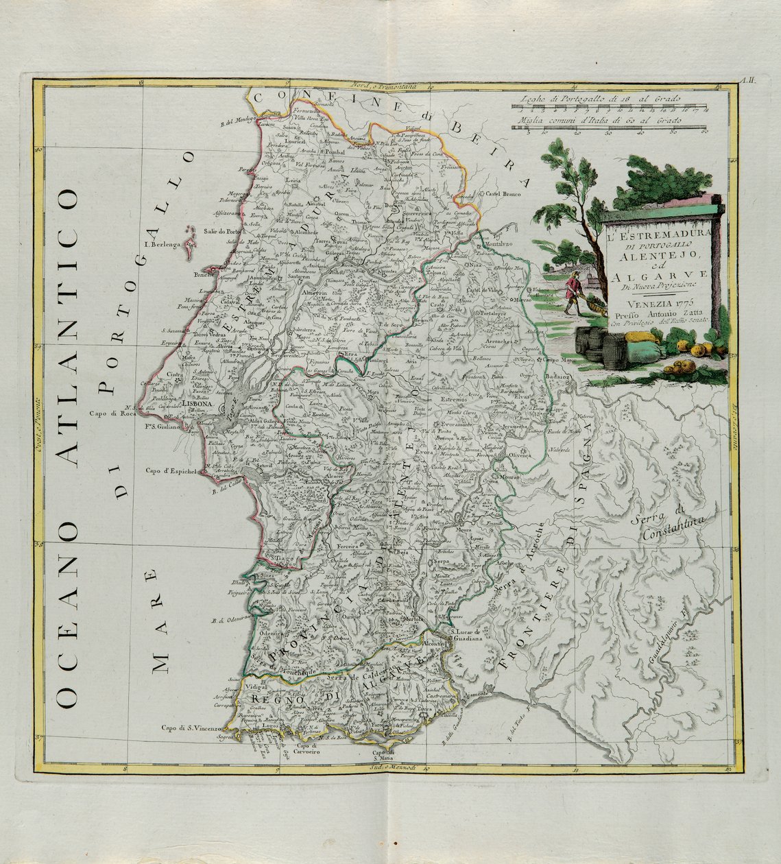 Estrémadure du Portugal Alentejo ou Algarve, gravure par G. Zuliani tirée du Tome I du Nouvel Atlas publié à Venise en 1776 par Antonio Zatta, Collection Privée - G. Zuliani