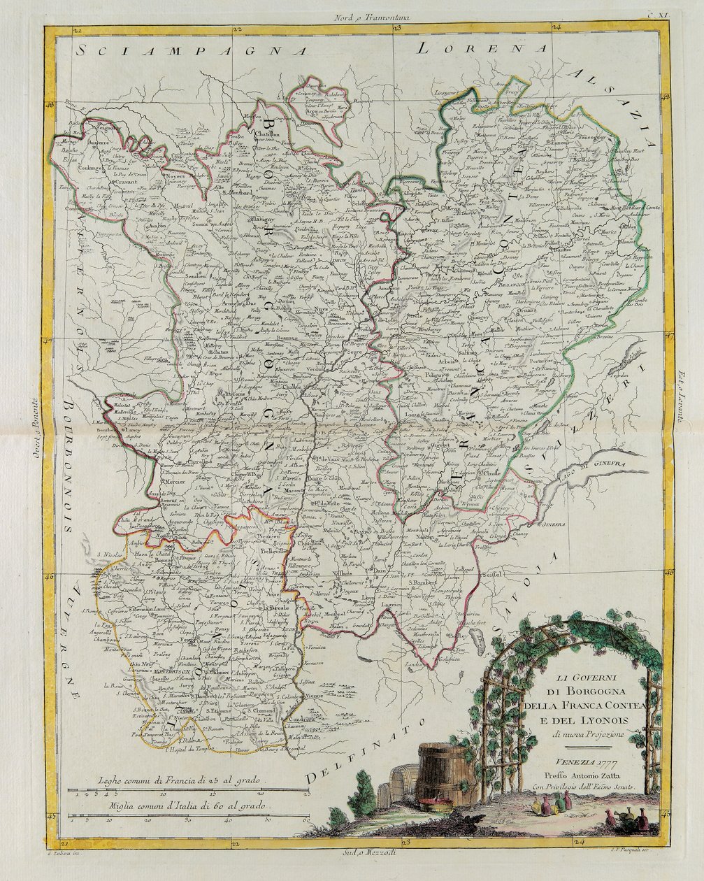 Les Gouvernances de Bourgogne, Franche-Comté et Lyon, gravure par G. Zuliani tirée du Tome I du Nouvel Atlas publié à Venise en 1777 par Antonio Zatta, Collection Privée - G. Zuliani