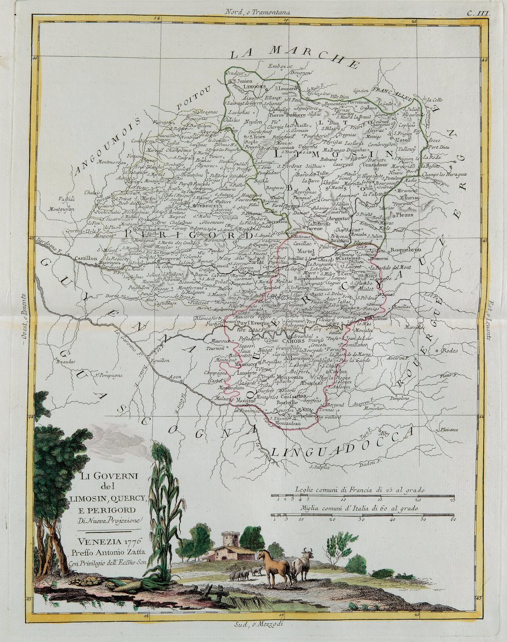 Les Gouvernances de Limousin, Quercy et Périgord, gravure par G. Zuliani tirée du Tome I du Nouvel Atlas publié à Venise en 1776 par Antonio Zatta, Collection Privée - G. Zuliani