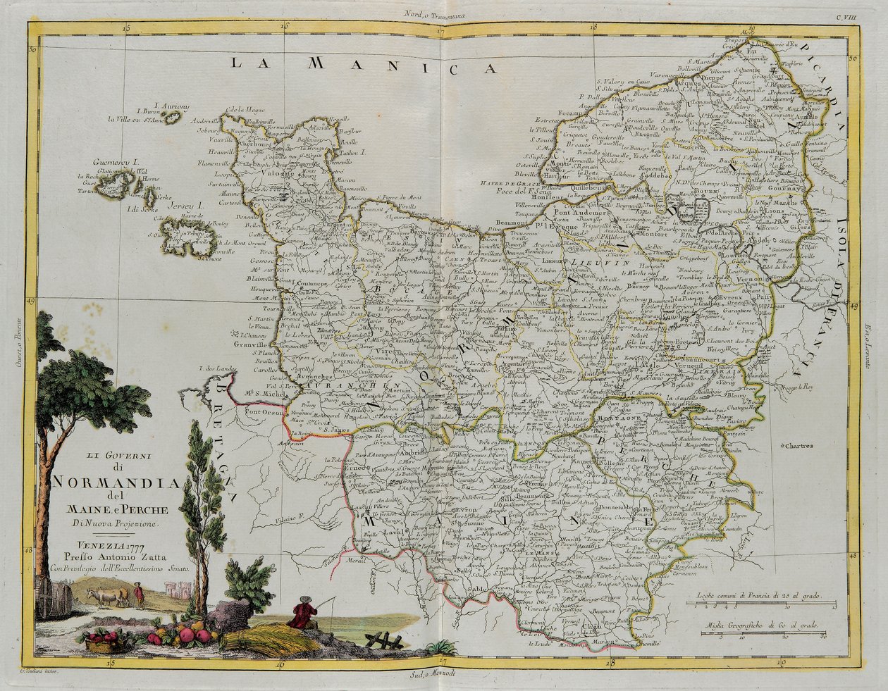 Les Gouvernances de Normandie, Maine et Perche, gravure par G. Zuliani tirée du Tome I du Nouvel Atlas publié à Venise en 1777 par Antonio Zatta, Collection Privée - G. Zuliani