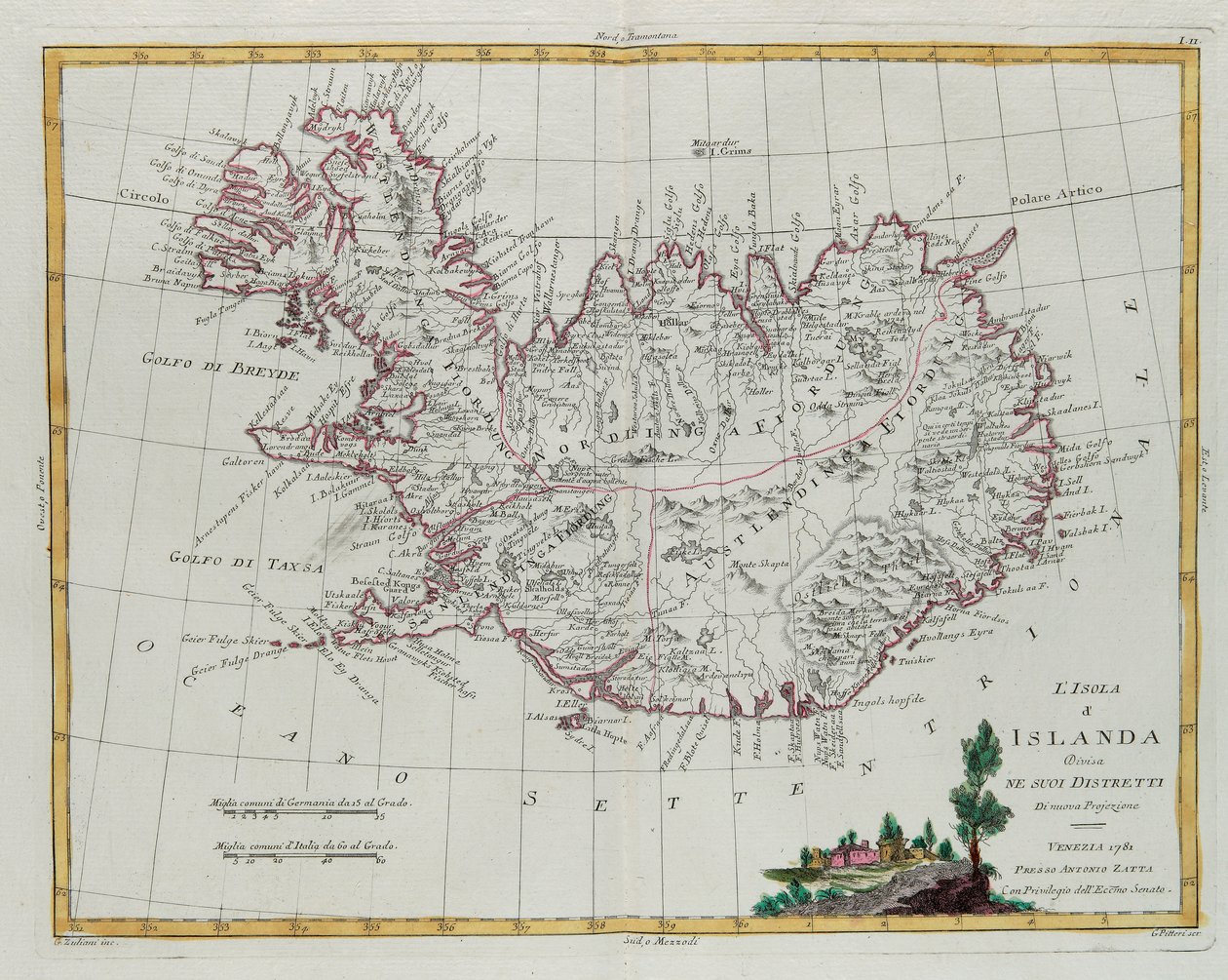 Islande divisée en ses districts, gravure de G. Zuliani tirée du Tome III du "Newest Atlas" publié à Venise en 1781 par Antonio Zatta, Collection Privée - G. Zuliani