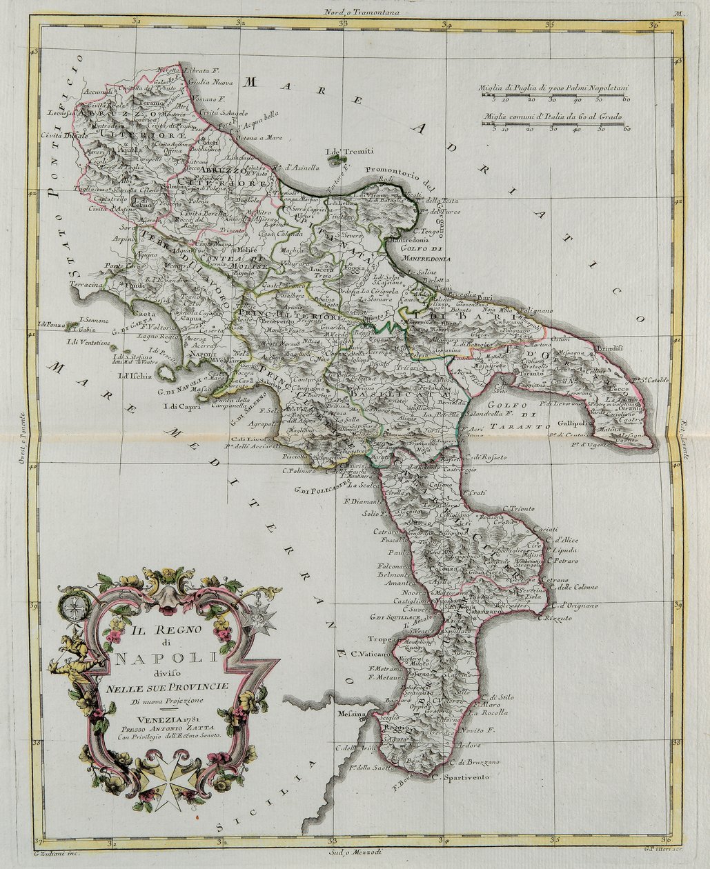 Royaume de Naples divisé en ses provinces, gravure de G. Zuliani tirée du Tome II du "Newest Atlas" publié à Venise en 1781 par Antonio Zatta, Collection Privée - G. Zuliani