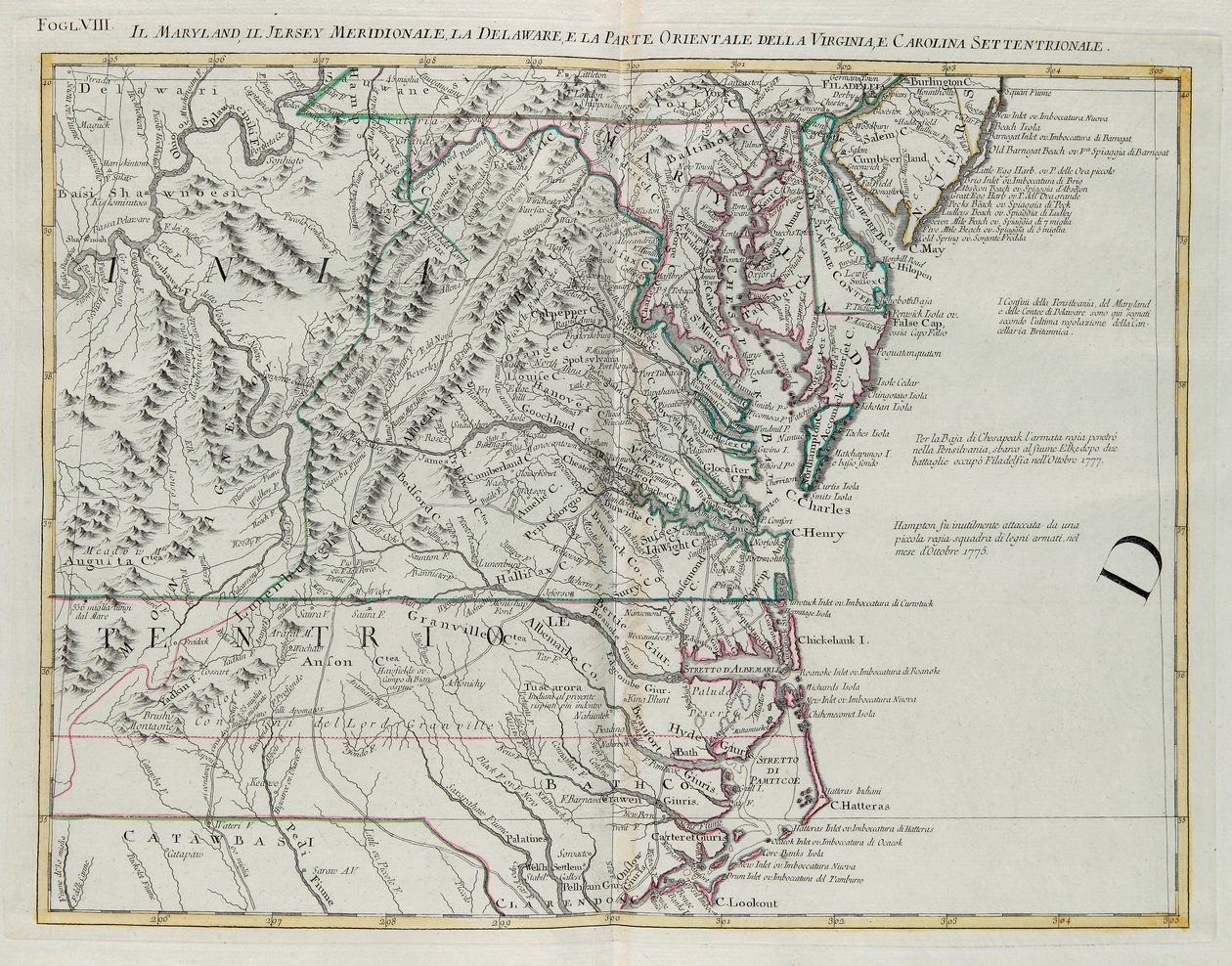 Maryland, sud du New Jersey, Delaware et partie orientale de la Virginie et de la Caroline du Nord, gravure de G. Zuliani tirée du Tome I du "Nouvel Atlas" publié à Venise en 1778 par Antonio Zatta, Collection privée - G. Zuliani
