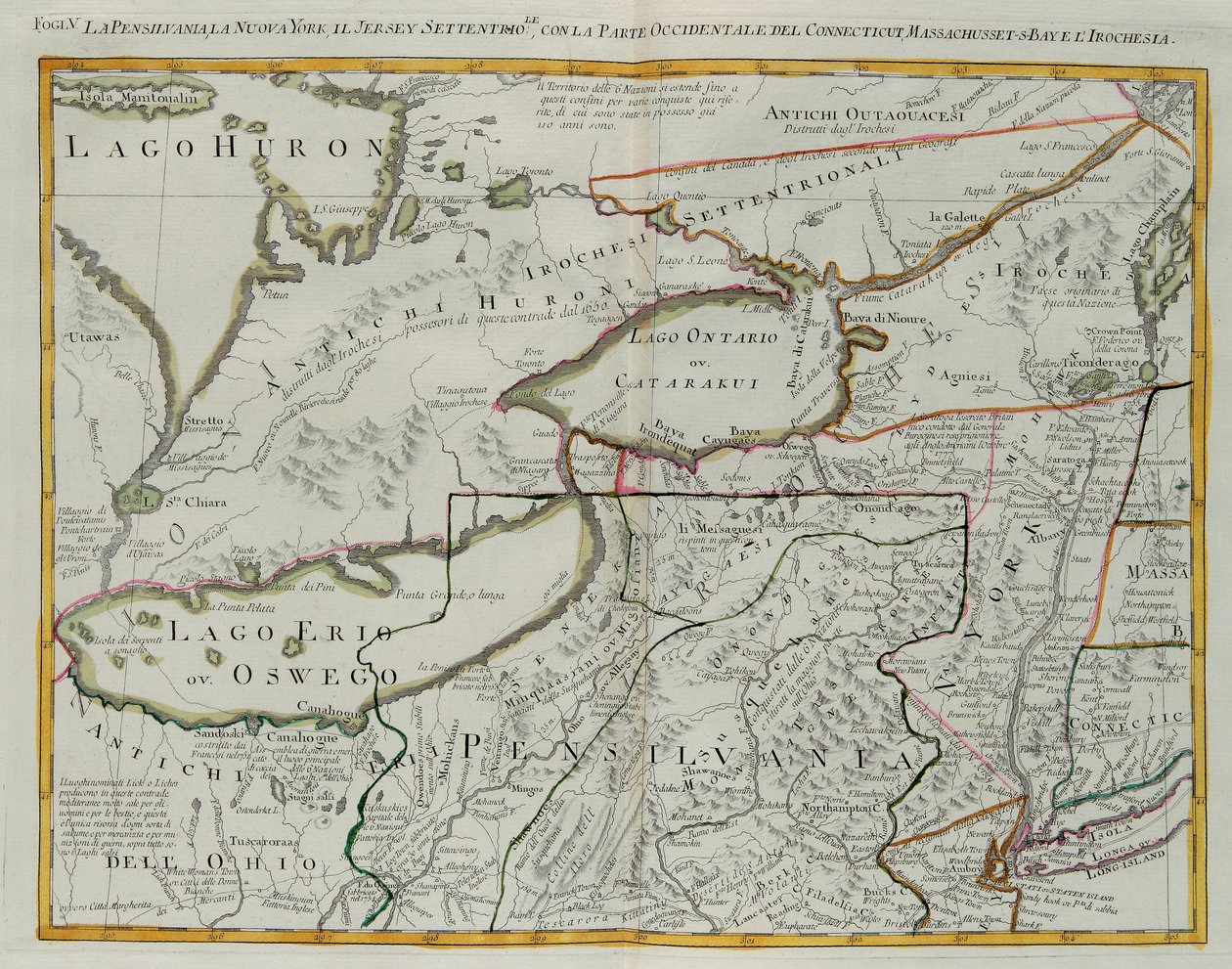 Pennsylvanie, New York, sud du New Jersey, avec la partie occidentale du Connecticut, de la baie du Massachusetts et Terre des Iroquois, gravure de G. Zuliani tirée du Tome I du "Nouvel Atlas" publié à Venise en 1778 par Antonio Zatta, Collection Privée - G. Zuliani