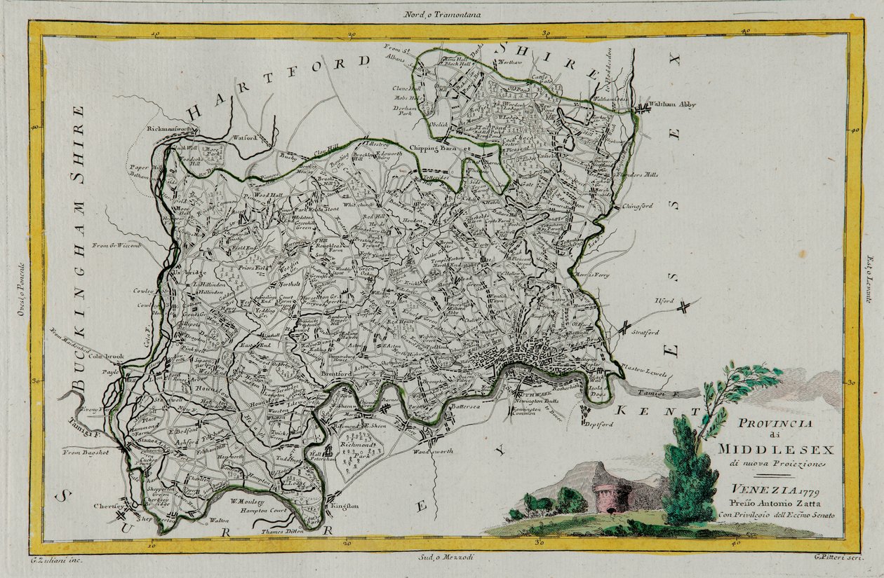 Province de Middlesex, gravure de G. Zuliani tirée du Tome I du "Nouvel Atlas" publié à Venise en 1779 par Antonio Zatta, Collection privée - G. Zuliani