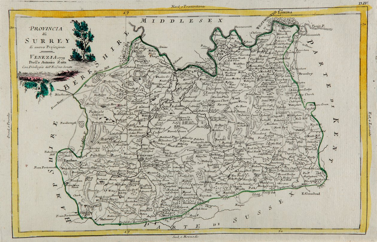 Province de Surrey, gravure de G. Zuliani tirée du Tome I du "Nouvel Atlas" publié à Venise en 1779 par Antonio Zatta, Collection Privée - G. Zuliani