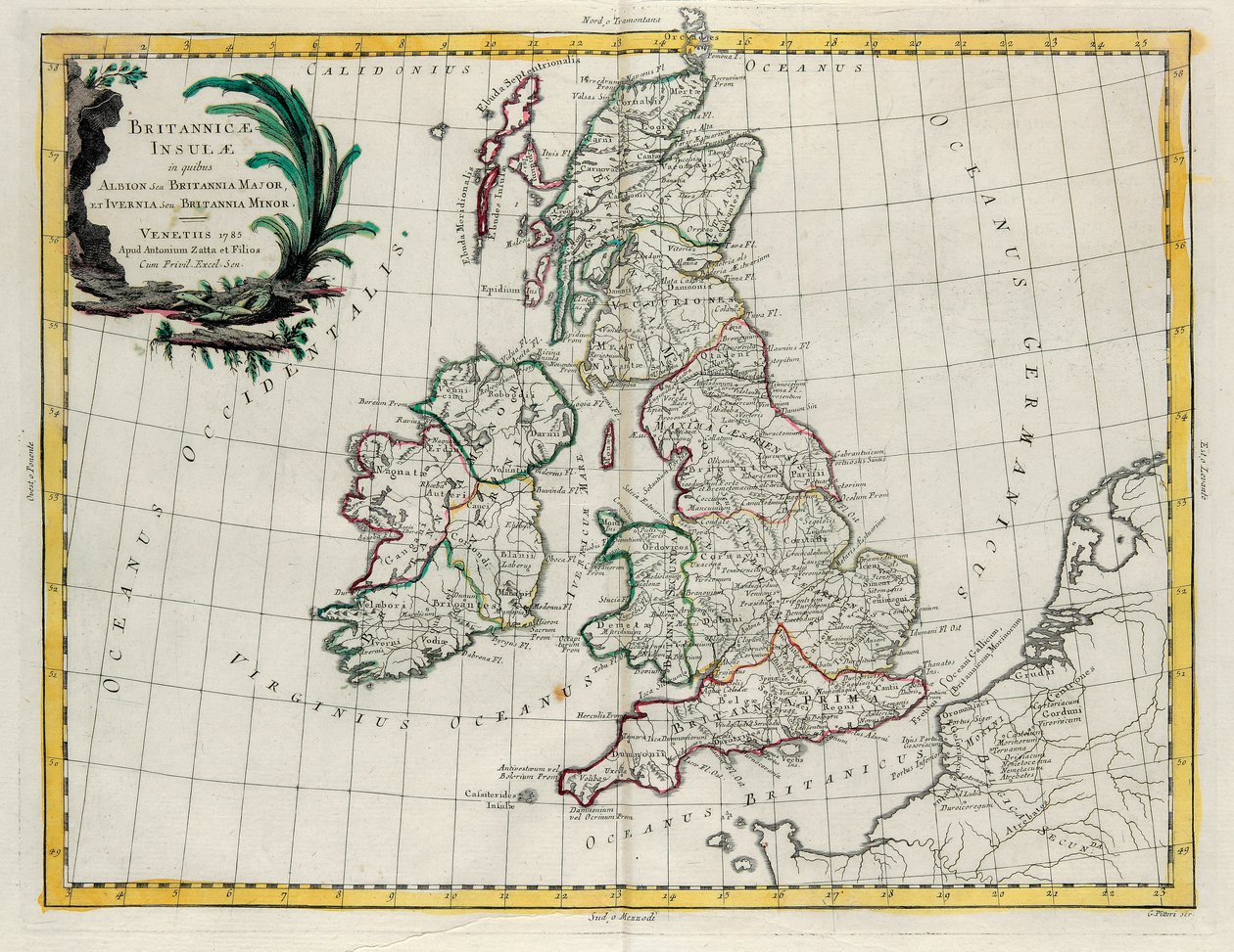Les Îles Britanniques où se trouvent Albion ou Grande-Bretagne et Ivernia ou Petite-Bretagne, gravure de G. Zuliani tirée du Tome I du Nouvel Atlas publié à Venise en 1785 par Antonio Zatta - G. Zuliani