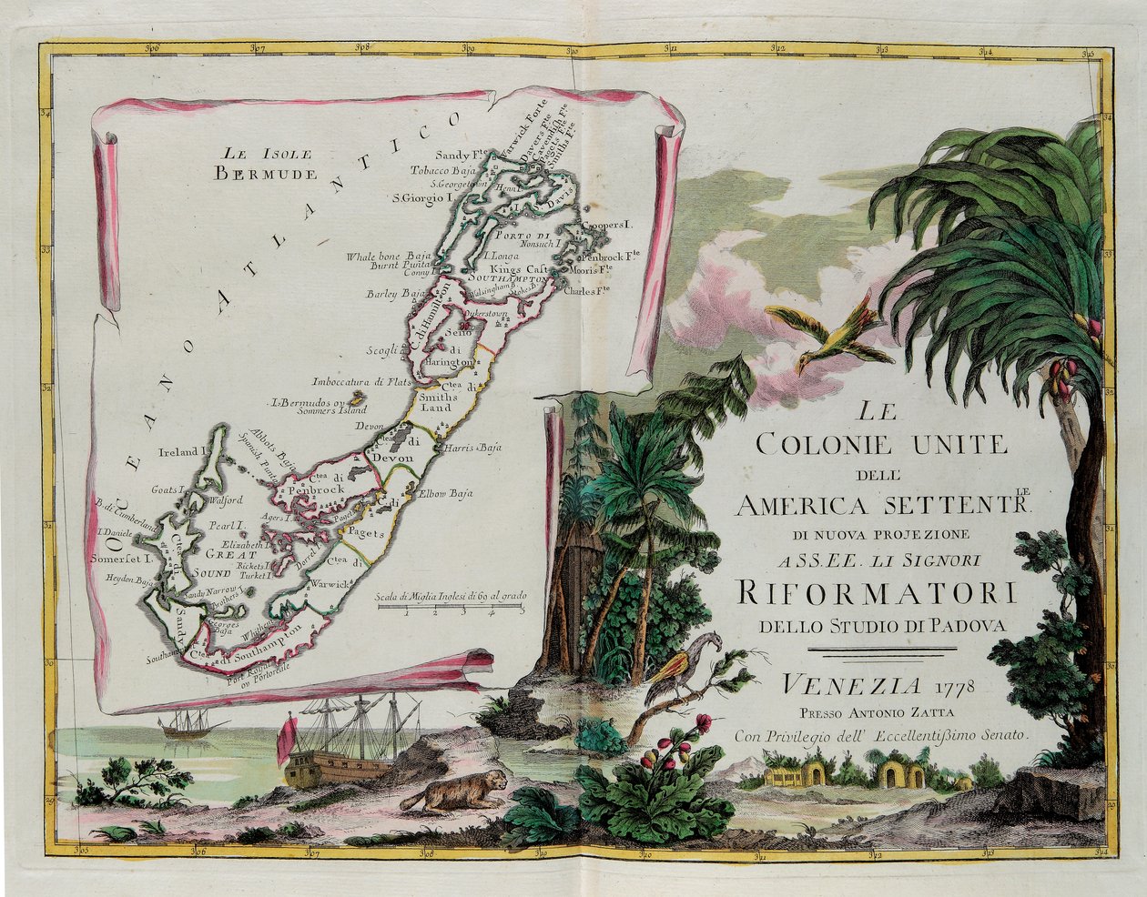 Les îles des Bermudes et le frontispice de la section dédiée aux Colonies Unies d