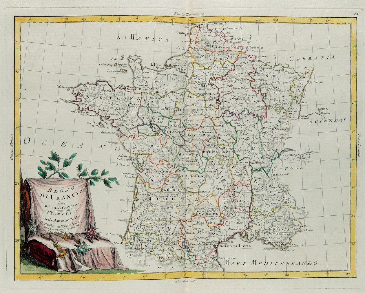 Le Royaume de France divisé en ses gouvernances, gravure par G. Zuliani tirée du Tome I du Nouvel Atlas publié à Venise en 1776 par Antonio Zatta, Collection Privée - G. Zuliani