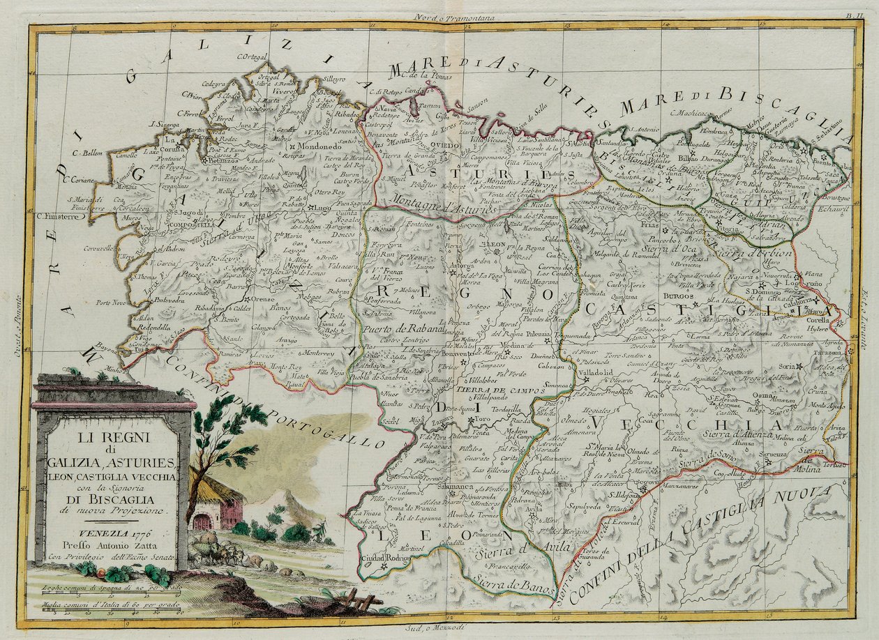 Les Royaumes de Galice, Asturies, Léon, Castilla Vieja avec le Conseil de Biscallia, gravure par G. Zuliani tirée du Tome I du Nouvel Atlas publié à Venise en 1776 par Antonio Zatta, Collection Privée - G. Zuliani