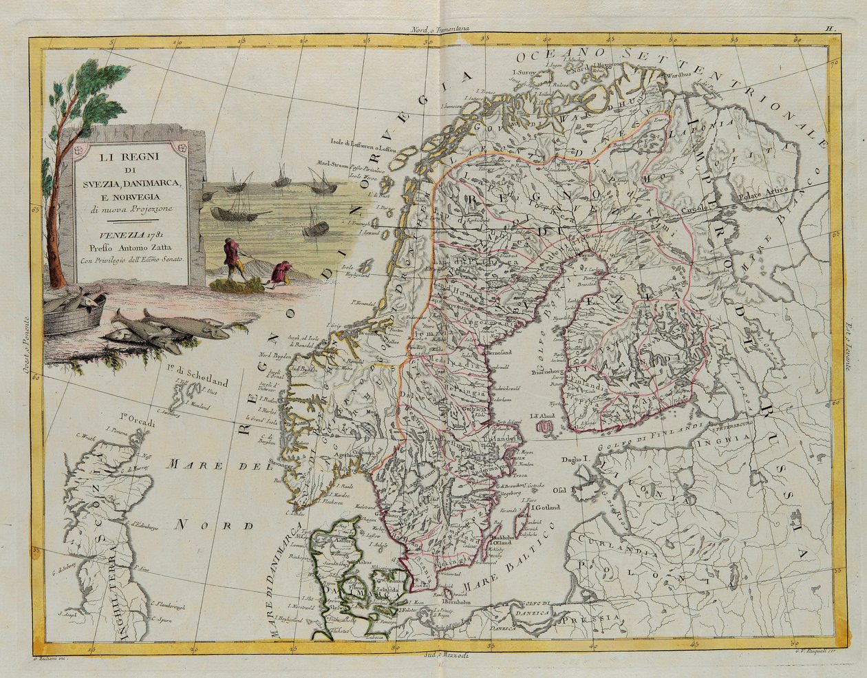 Les royaumes de Suède, Danemark et Norvège, gravure de G. Zuliani tirée du Tome III du "Nouvel Atlas" publié à Venise en 1781 par Antonio Zatta, Collection privée - G. Zuliani