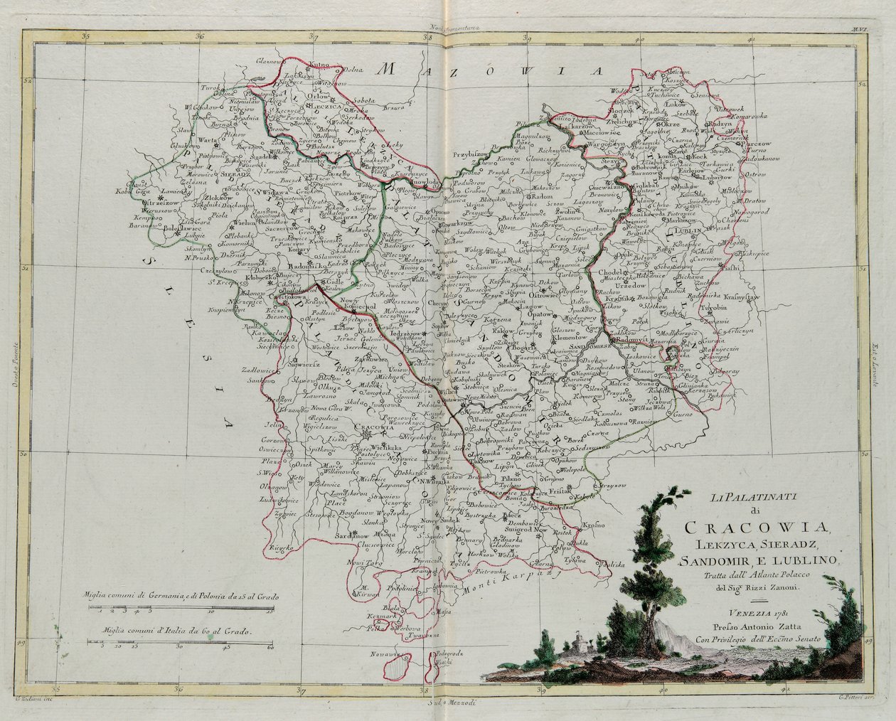 Les Palatinats de Cracovie, Lekzyca, Sieradz, Sandomir et Lublin, gravure de G. Zuliani tirée du Tome III du "Nouvel Atlas" publié à Venise en 1781 par Antonio Zatta, Collection Privée - G. Zuliani