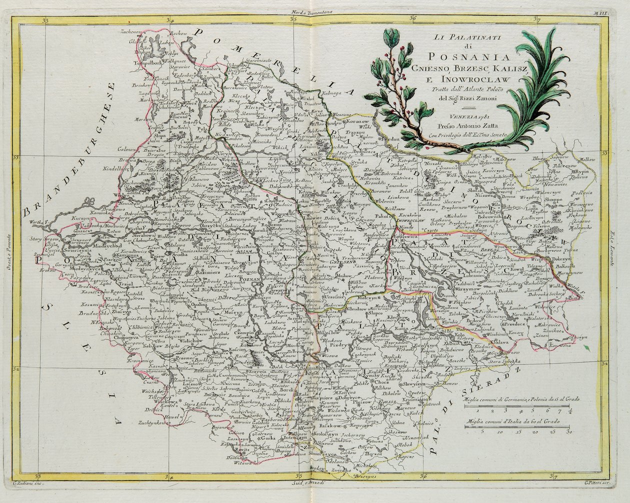 Les Palatinats de Posnanie, Gniesno, Brzesc, Kalisz et Inovroclav, gravure de G. Zuliani tirée du Tome III du "Nouvel Atlas" publié à Venise en 1781 par Antonio Zatta, Collection privée - G. Zuliani