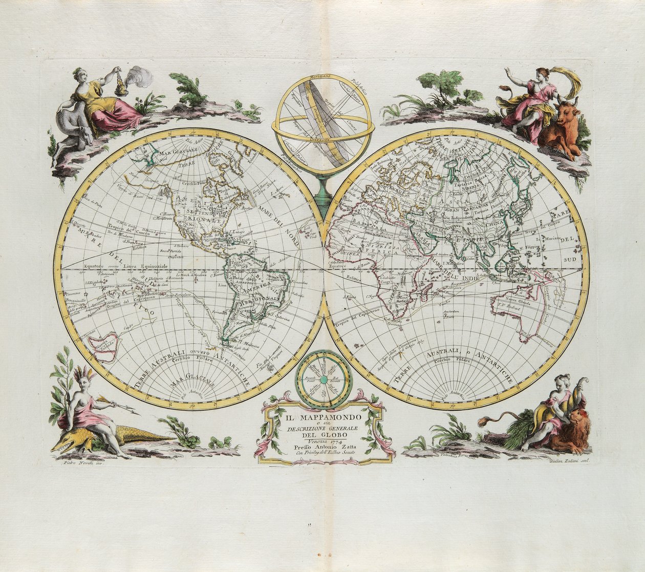 Carte du monde et description générale du globe, gravure de G. Zuliani tirée du Tome I du Nouvel Atlas publié à Venise en 1774 par Antonio Zatta - G. Zuliani