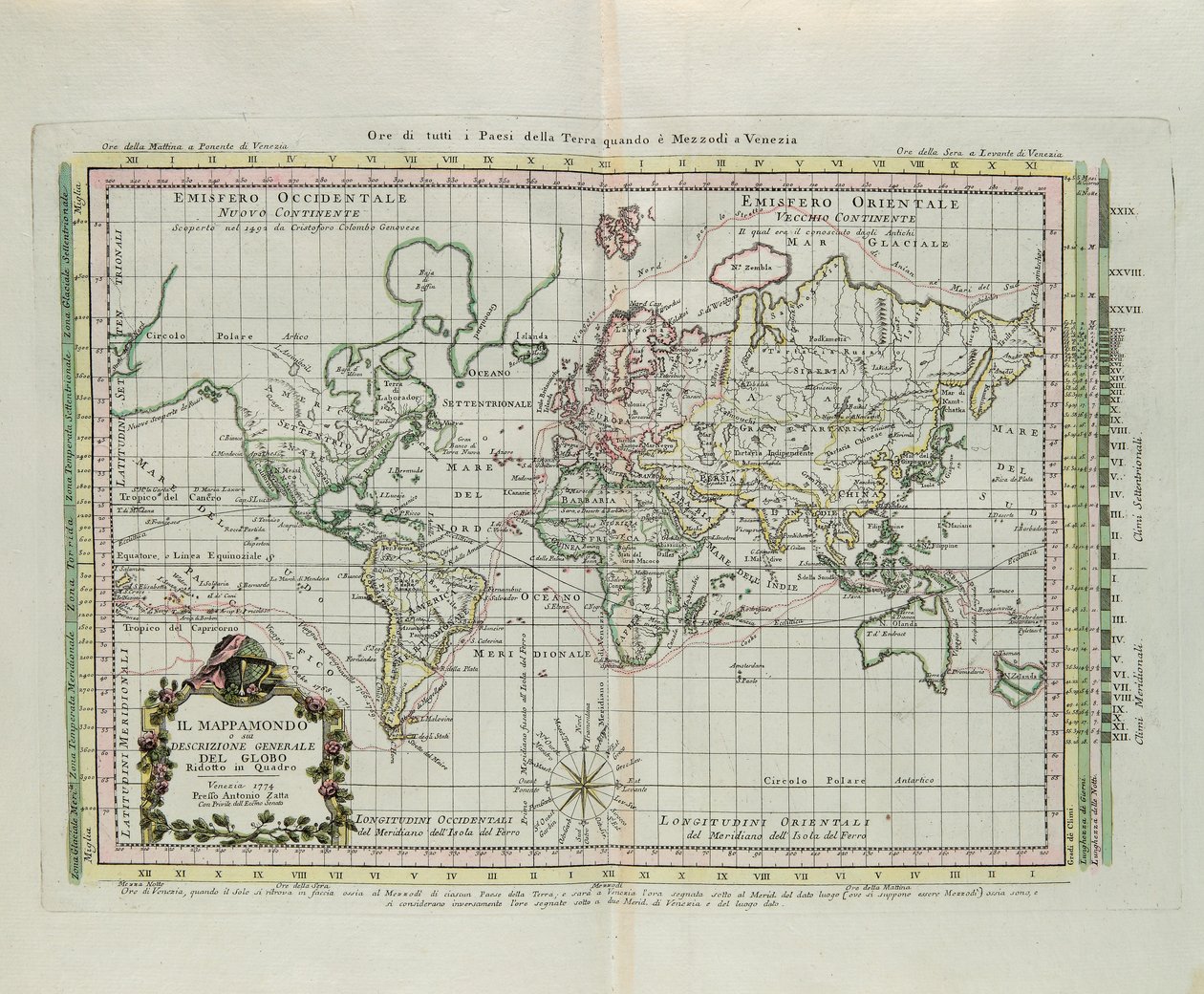Carte du monde et description générale du globe, gravure de G. Zuliani tirée du Tome I du "Nouvel Atlas" publié à Venise en 1774 par Antonio Zatta - G. Zuliani