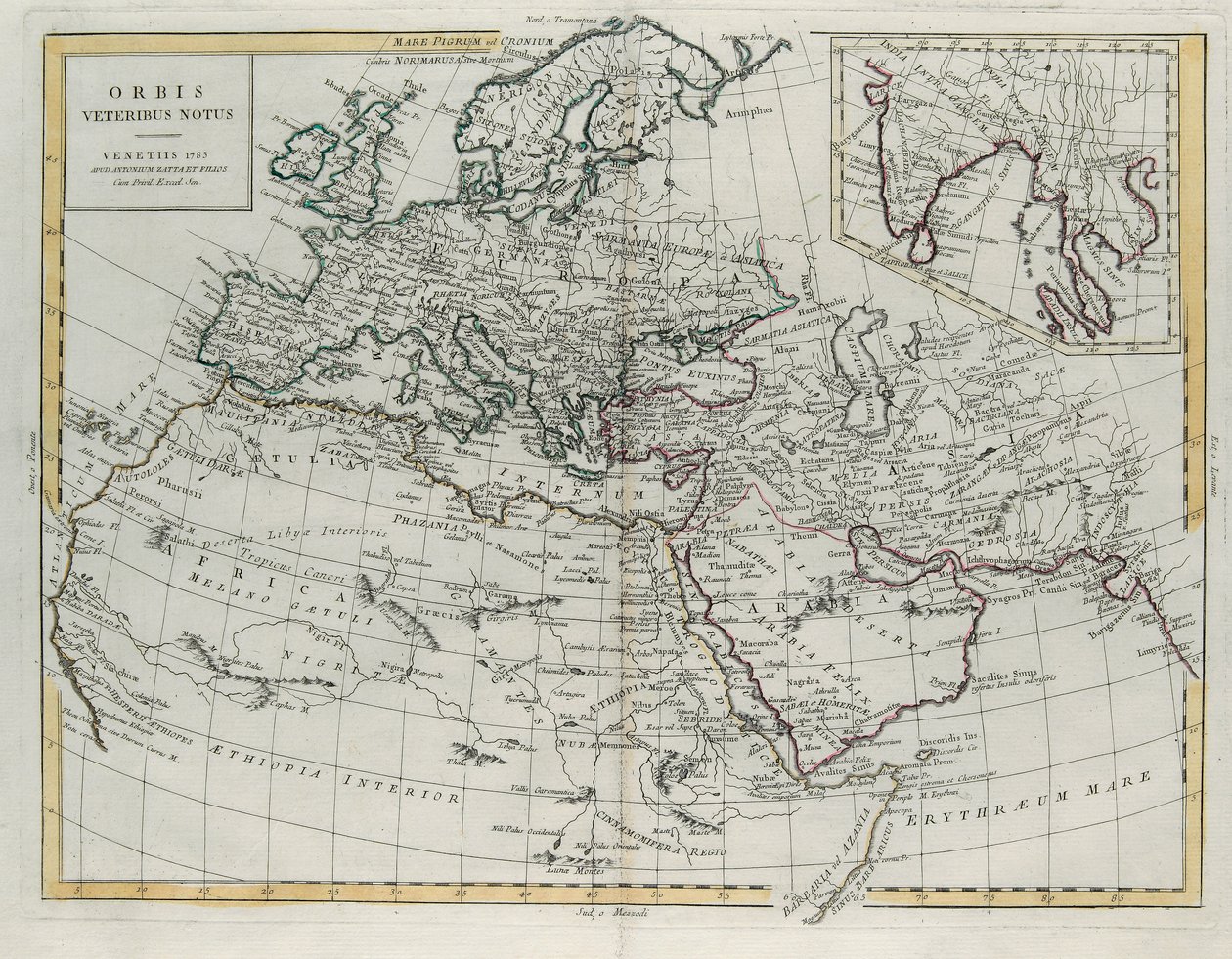 Monde connu des Anciens, gravure de G. Zuliani tirée du Tome IV du Nouvel Atlas publié à Venise en 1785 par Antonio Zatta, Collection Privée - G. Zuliani