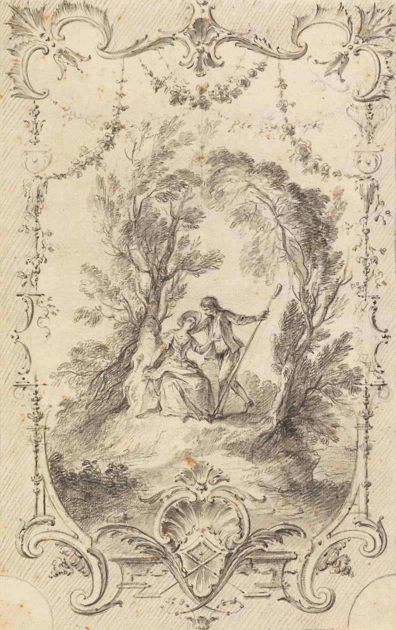 Le berger vigilant (dessin préparatoire pour la planche 247 dans LOeuvre gravé de Watteau, 1739) - Gabriel Huquier