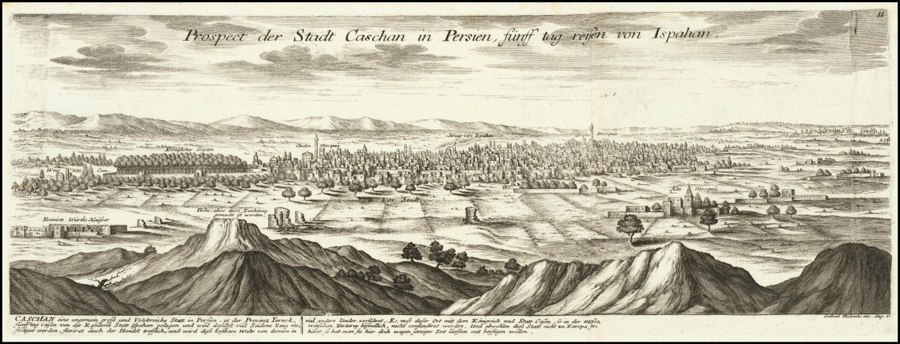1720 illustration - Prospect de la ville de Caschan en Perse cinq jours de voyage d