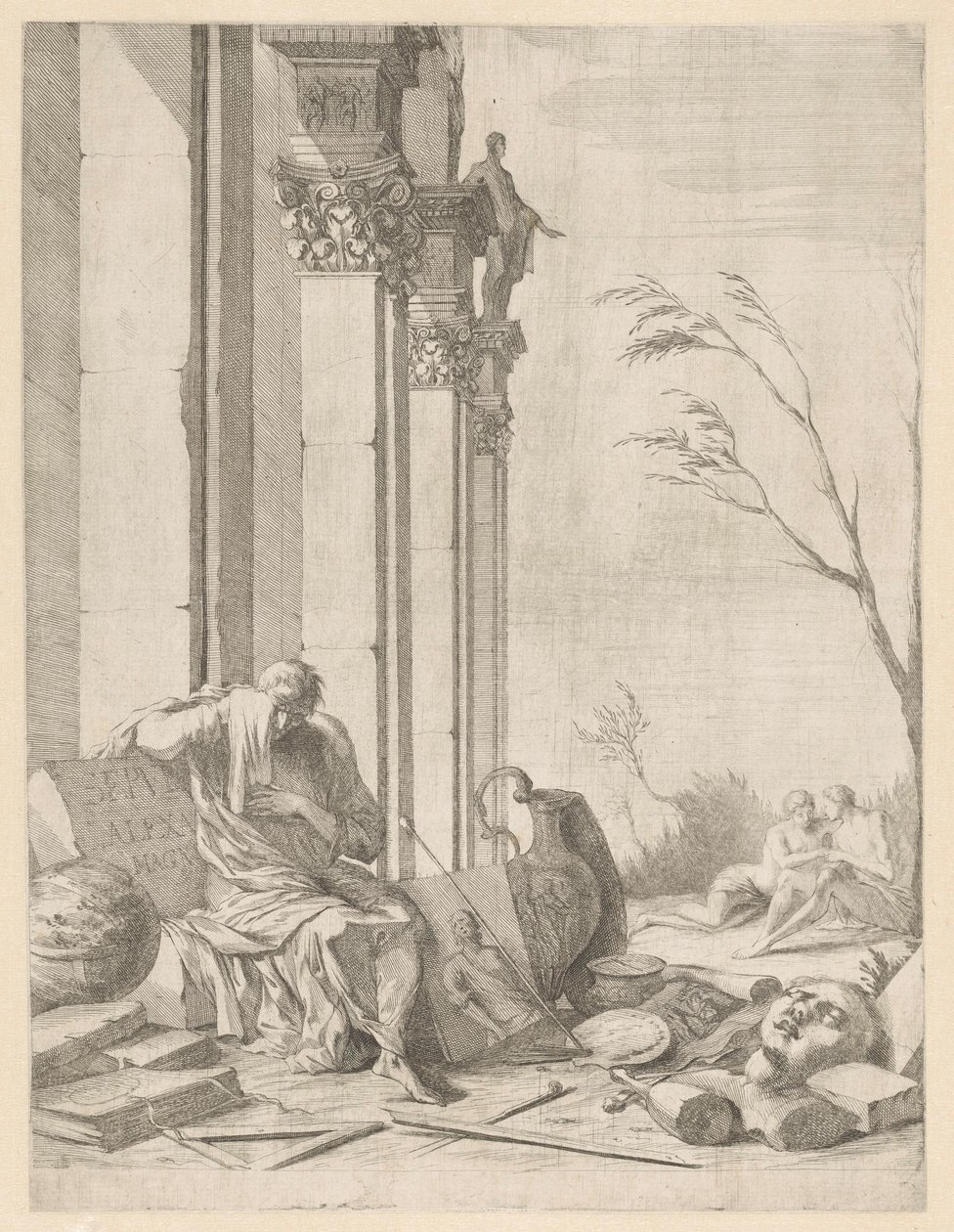Philosophe en deuil près de la tombe d