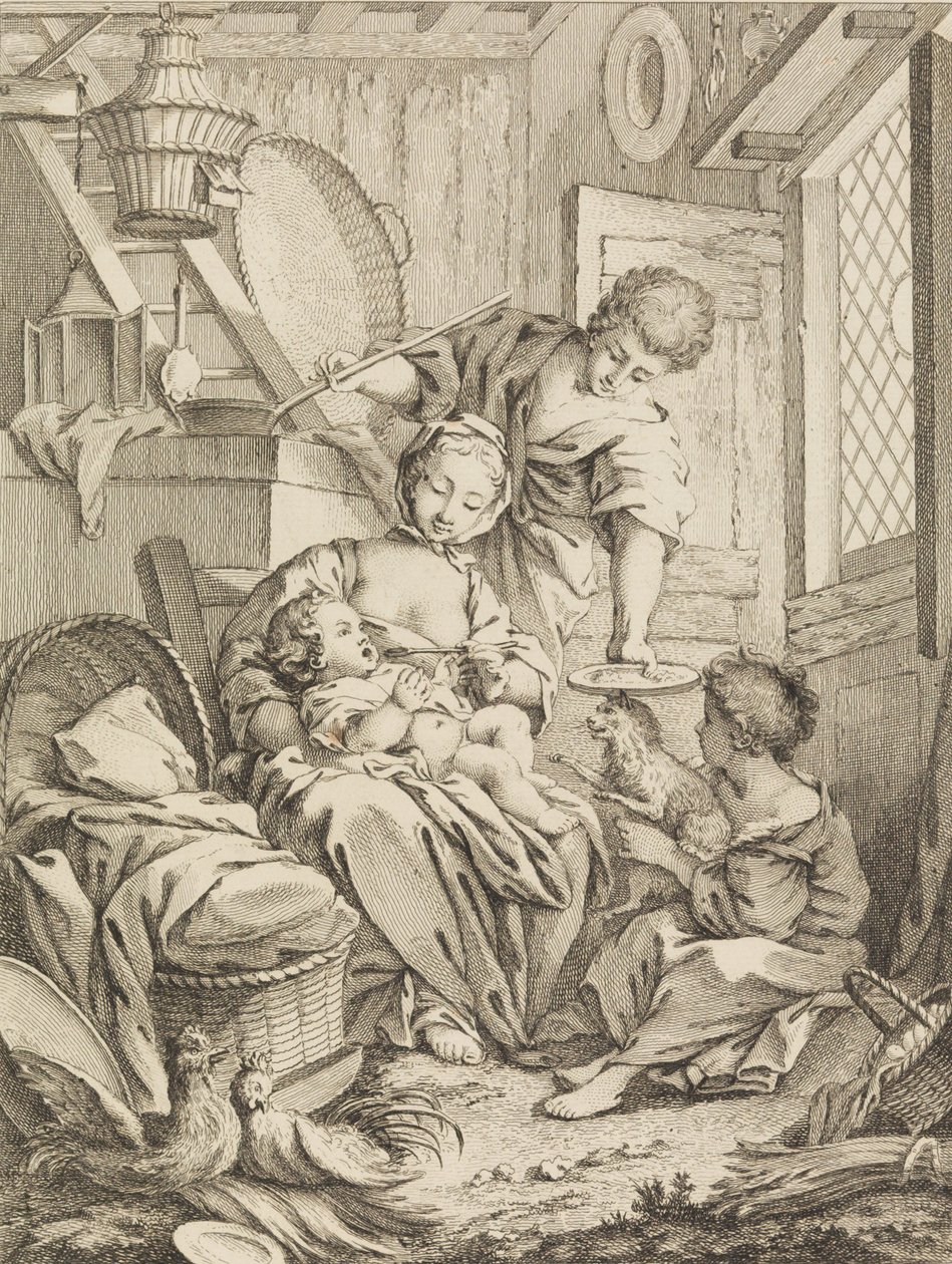 Planche 1 : Jeune femme nourrissant son nourrisson, du Premier Livre de Sujets et Pastorales - Gabriel Huquier