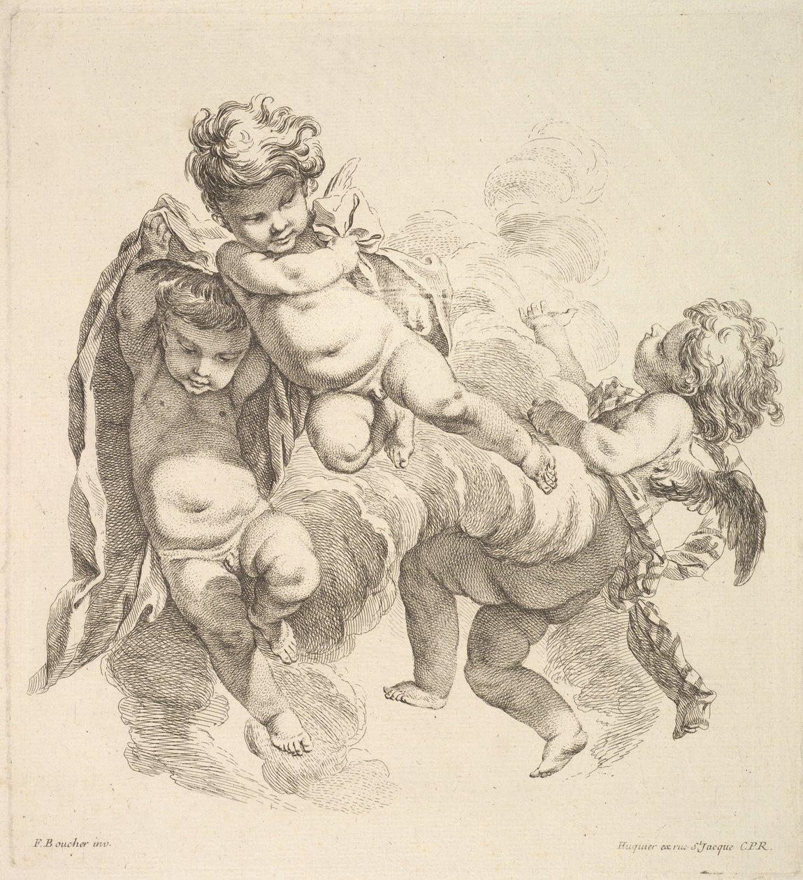 Trois Enfants Parmi les Nuages Portant une Draperie, 1738-45 - Gabriel Huquier