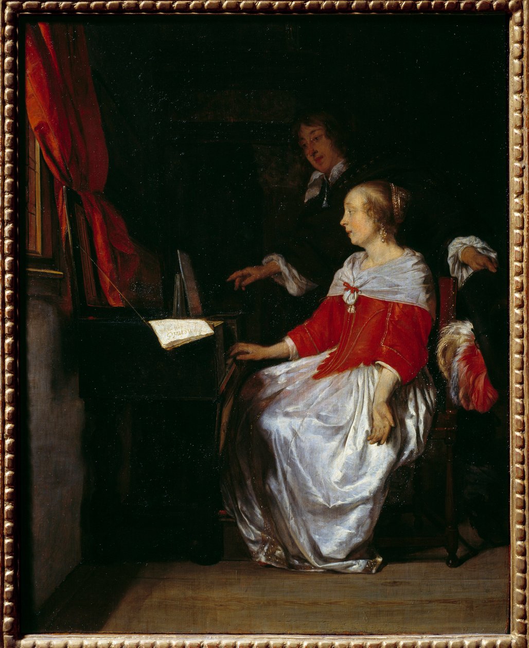 La leçon de virginal. Peinture de Gabriel Metsu (1629-1667), ec. holl. - Gabriel Metsu