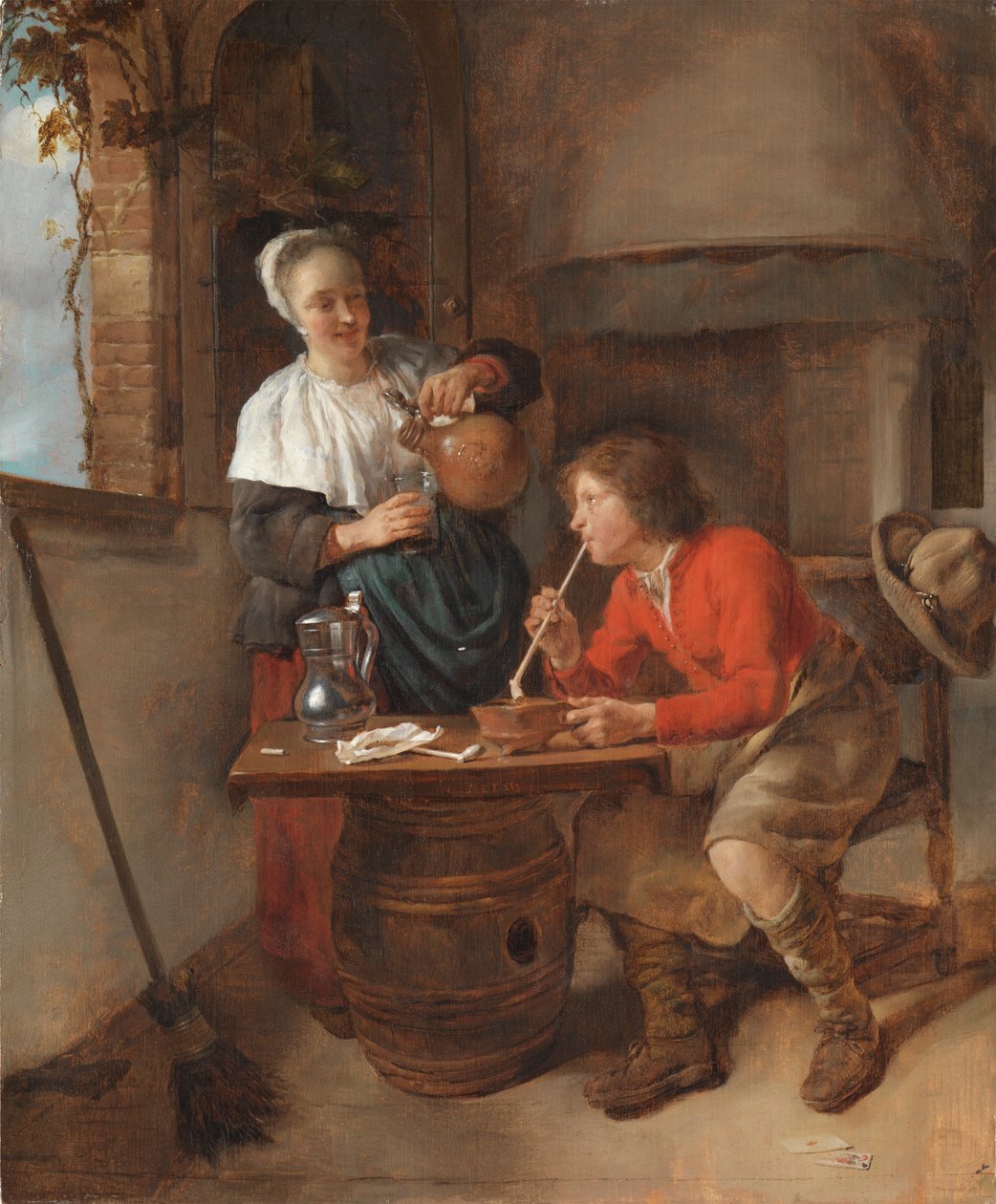 Jeune homme fumant et femme versant de la bière - Gabriel Metsu