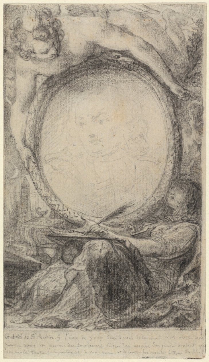 Cadre allégorique avec un génie et une femme voilée écrivant, vers 1769 (craie noire sur papier) - Gabriel de Saint-Aubin
