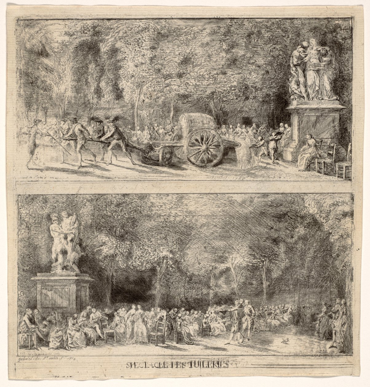 Scènes des Tuileries : Les chaises et la charrette à eau, 1760, retouché 1763 - Gabriel de Saint Aubin