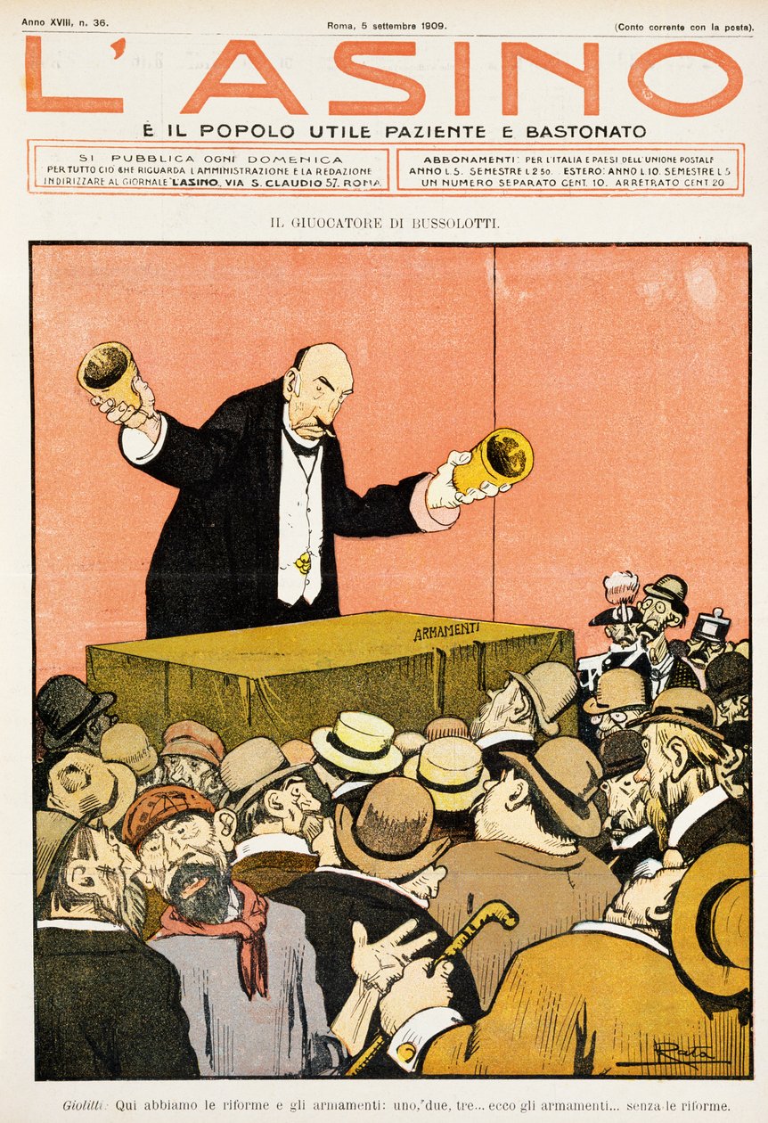 Joueur de bonneteau, caricature satirique dédiée à Giovanni Giolitti (1842-1928), du magazine L