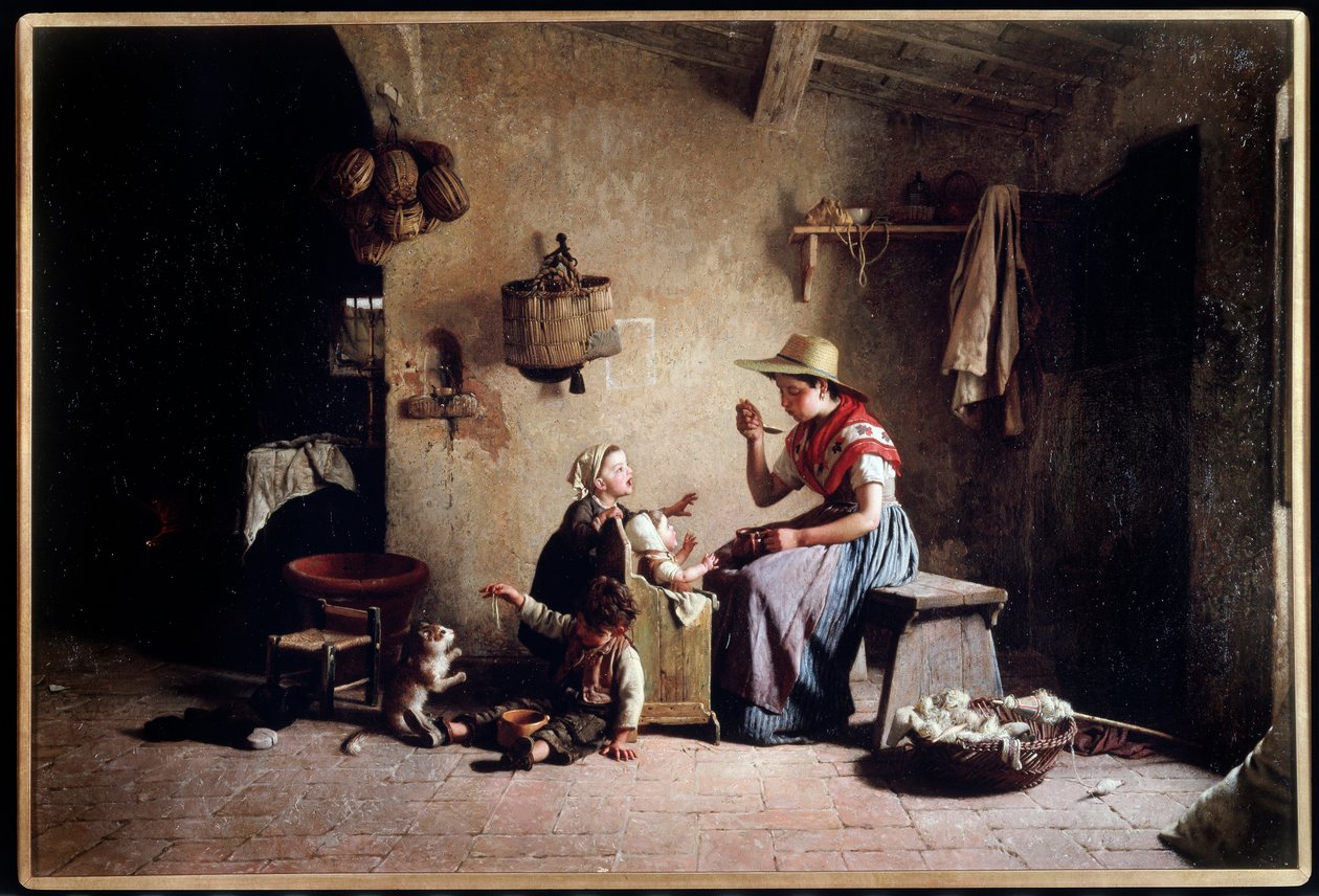 Nourrir bebe. Peinture de Gaetano Chierici (1838-1921). Huile sur toile. Collection privee. - Gaetano Chierici
