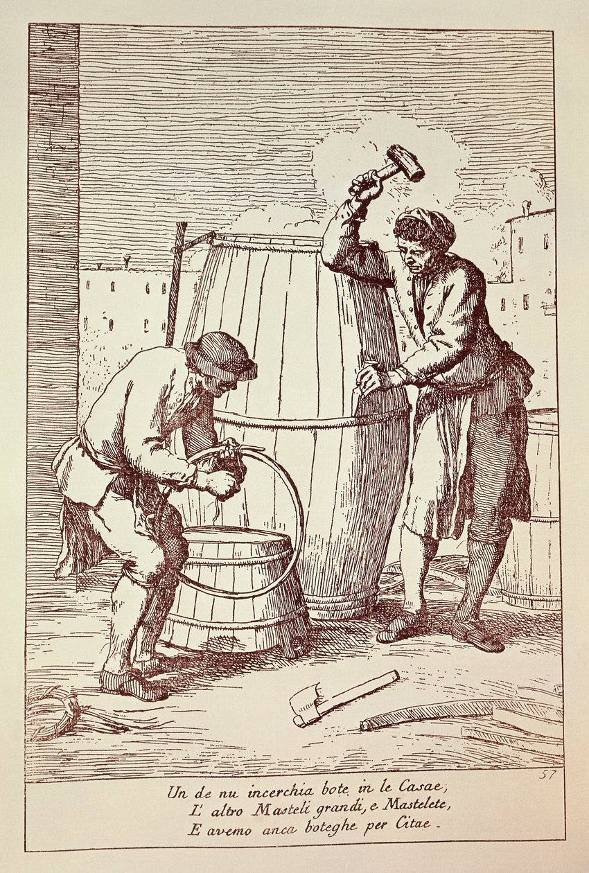 Tonneliers au travail, gravure de Gaetano Gherardo Zompini, Les arts de la vie quotidienne dans la ville de Venise, Italie - Gaetano Zompini