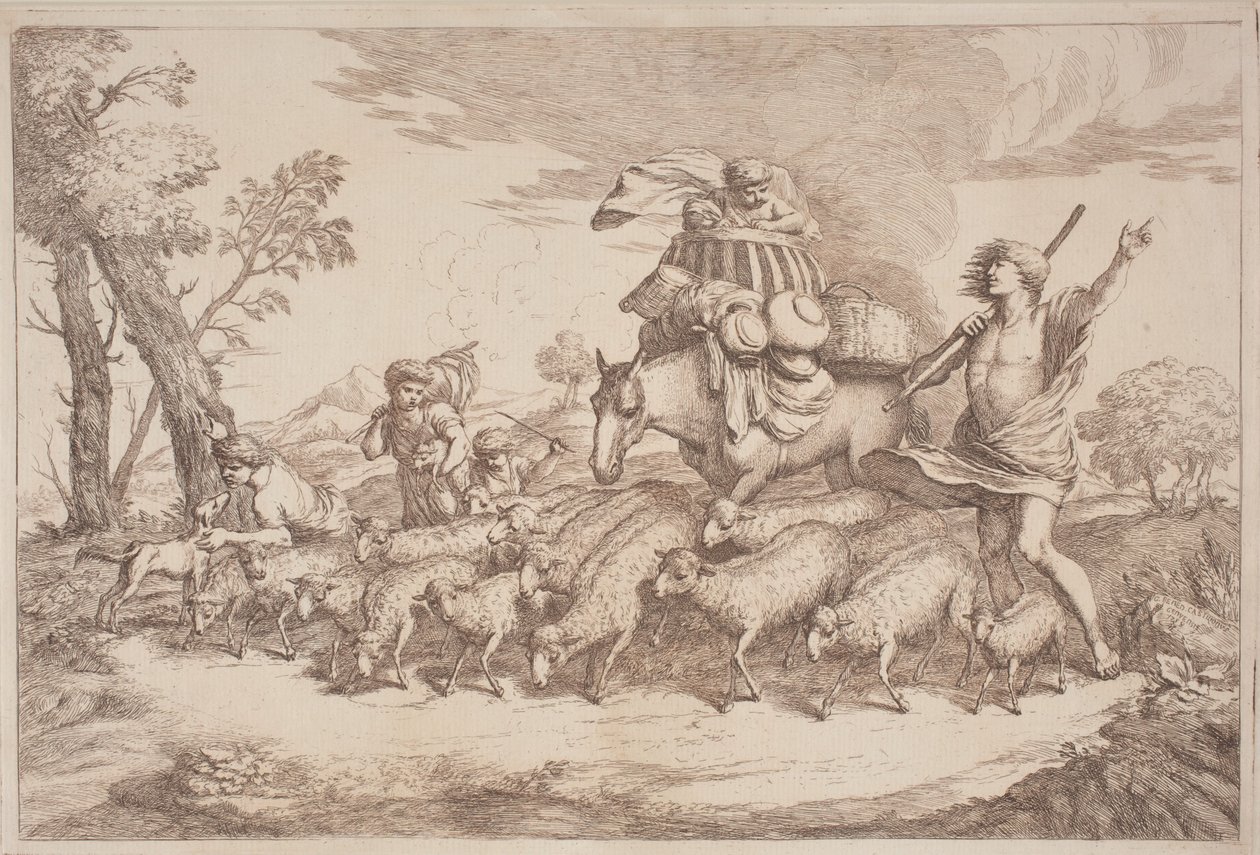 Un voyage pastoral avec un enfant dans un panier à cheval - Gaetano Zompini, after Giovanni Benedetto Castiglione