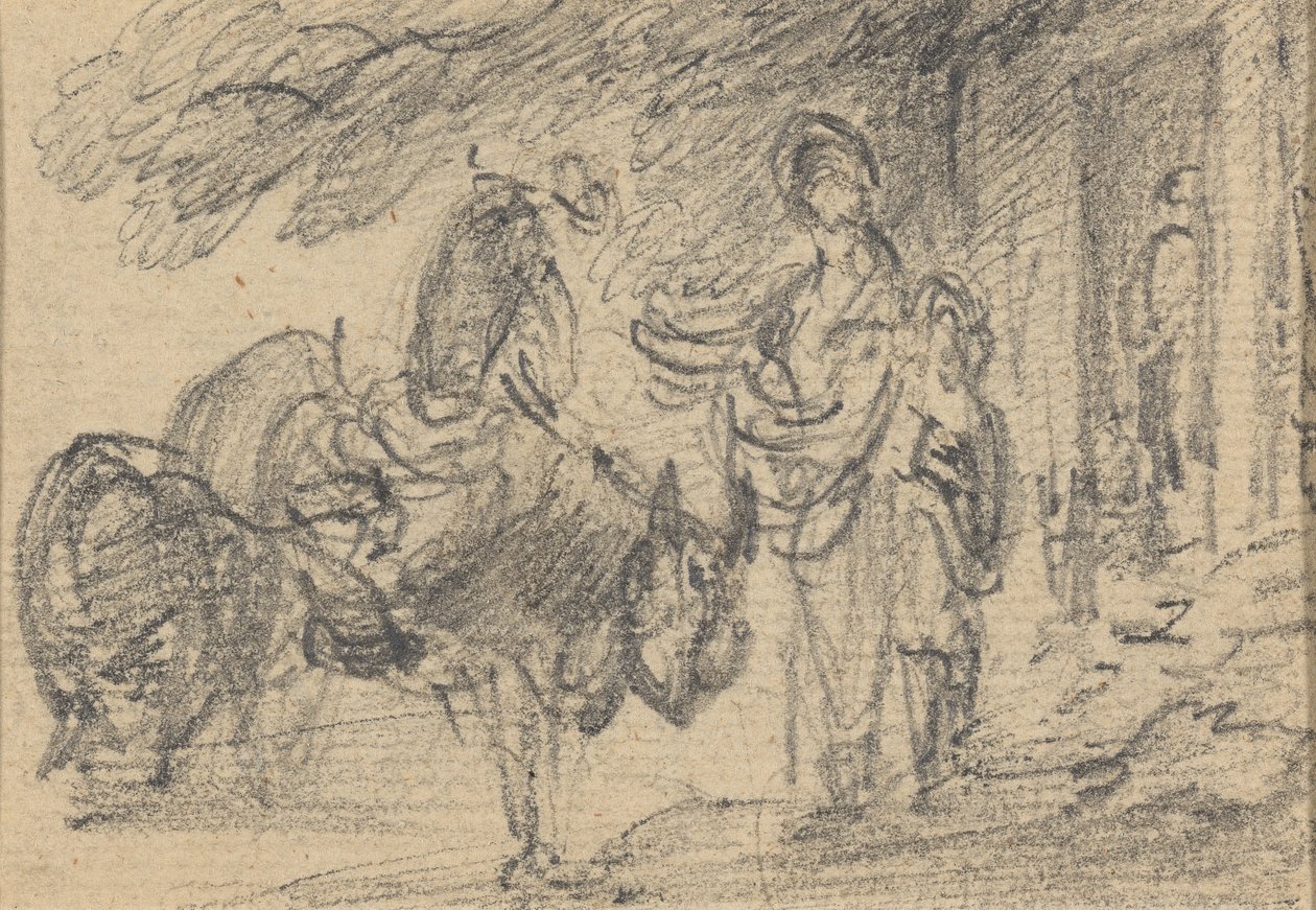 Personnages et chevaux près d