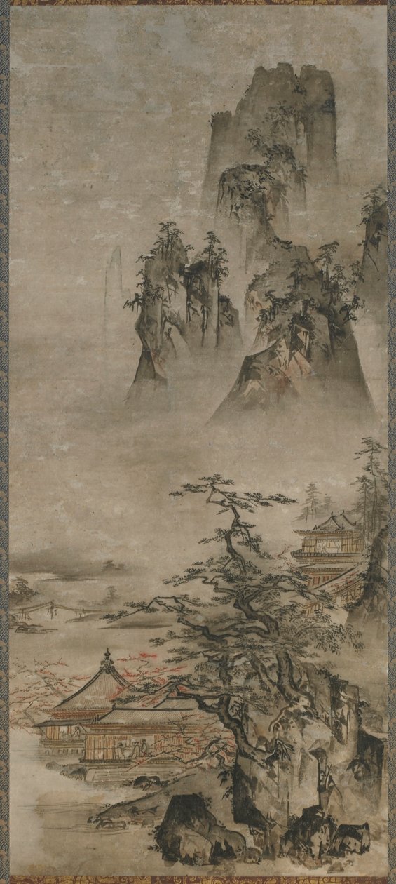 Paysage : montagnes, ruisseau et maisons - Gakuo Zokyu