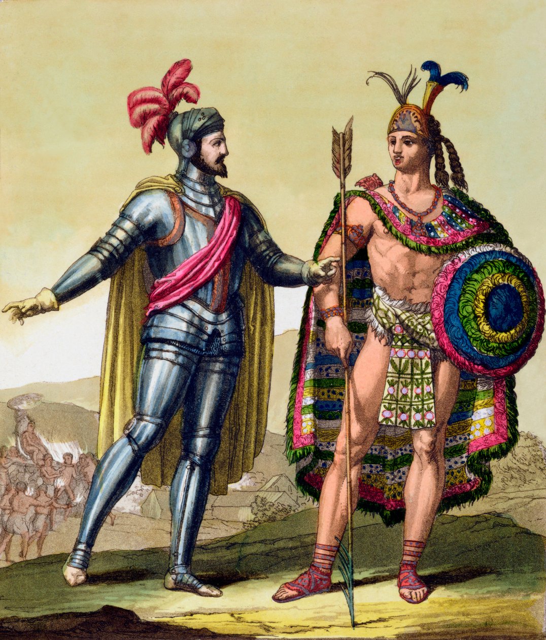 La rencontre entre Hernando Cortes et Montezuma II, Mexique, 1519 c1820-1839 - Gallo Gallina
