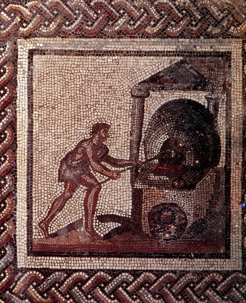 Art gallo-romain : pavement en mosaïque représentant un calendrier rustique. Scène de fabrication de pain. Fin IIe, début IIIe siècle après J.-C. De Saint-Romain-en-Gal (Rhône). Saint-Germain-en-Laye, Musée National d
