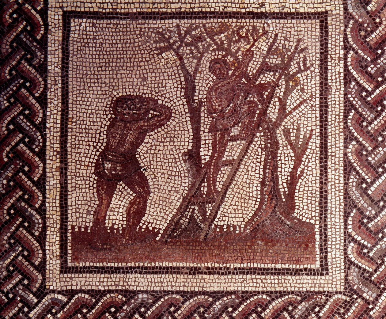 Art gallo-romain : pavement en mosaïque représentant un calendrier rustique. Scène de cueillette d