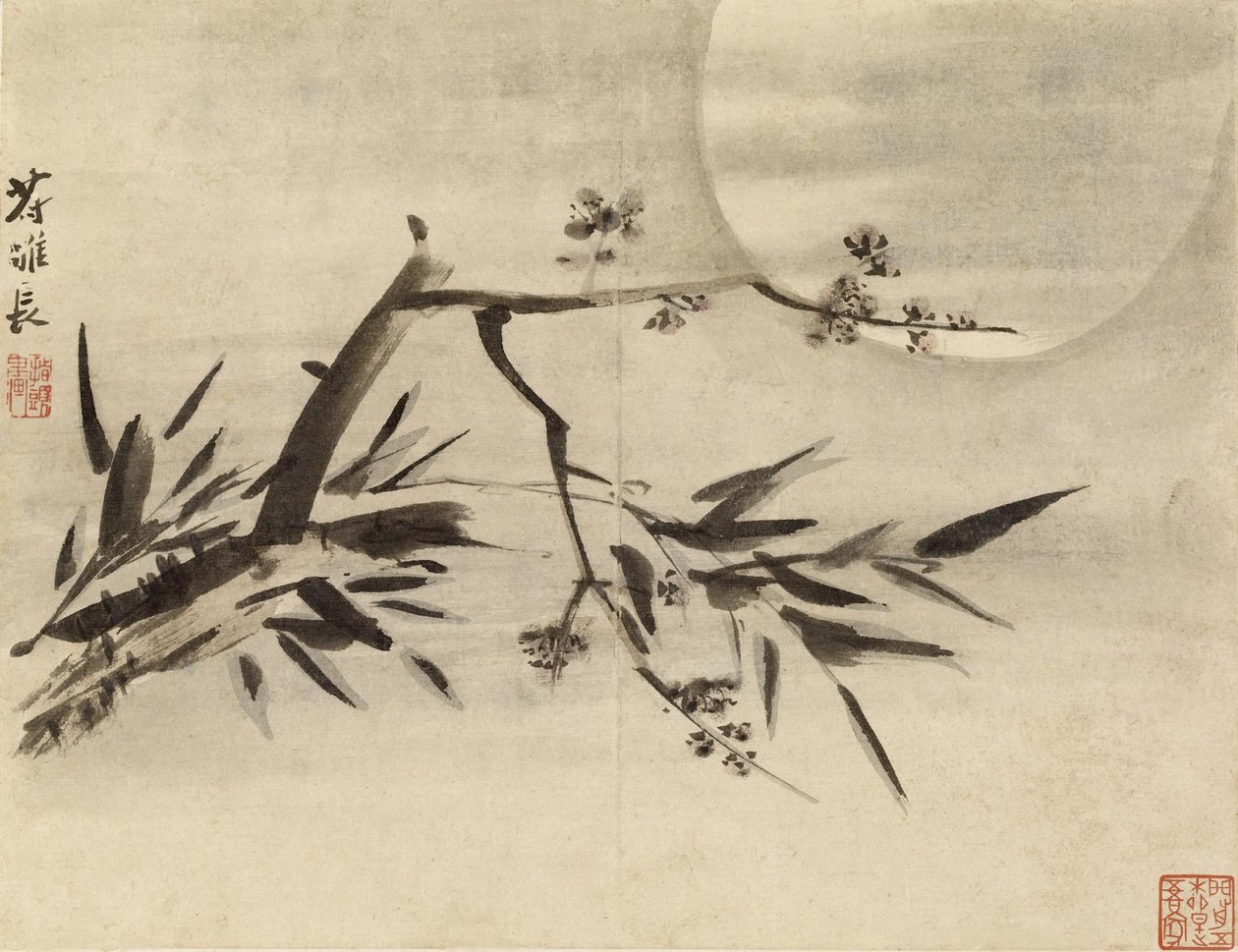 Bambou, fleurs de prunier et lune - Gao Qipei