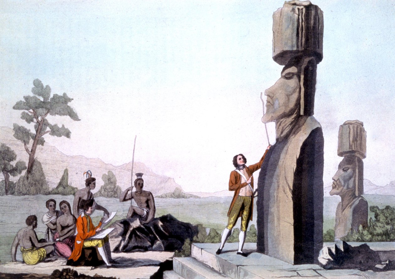 La Pérouse avec son équipage, mesurant les statues sur l